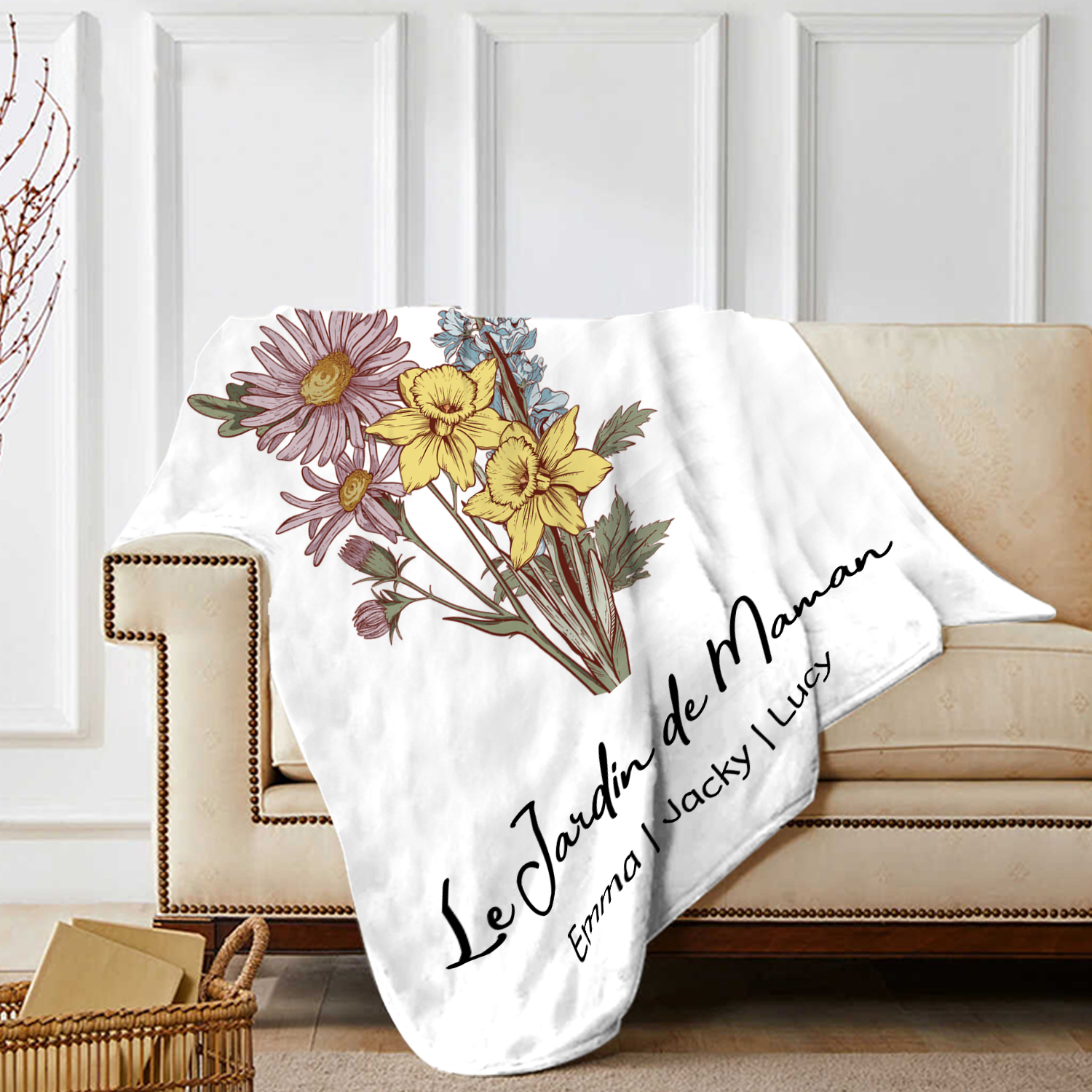 À ma Maman - Plaid Personnalisé avec 3 Prénoms et Fleurs de Naissance Couverture en Flanelle Blanc/Rose le jardin de Maman | Jessemade