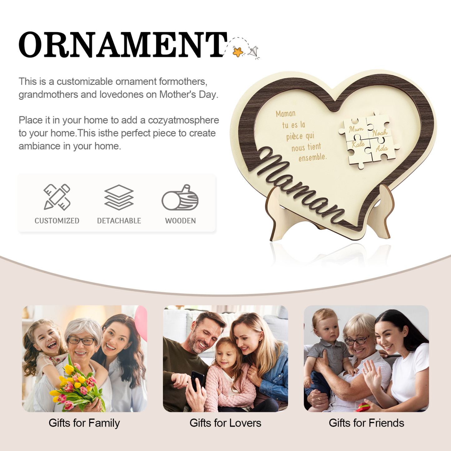 À ma Maman - Décoration en bois Cœur Puzzle 4 Prénoms Personnalisés Ornement pour Famille