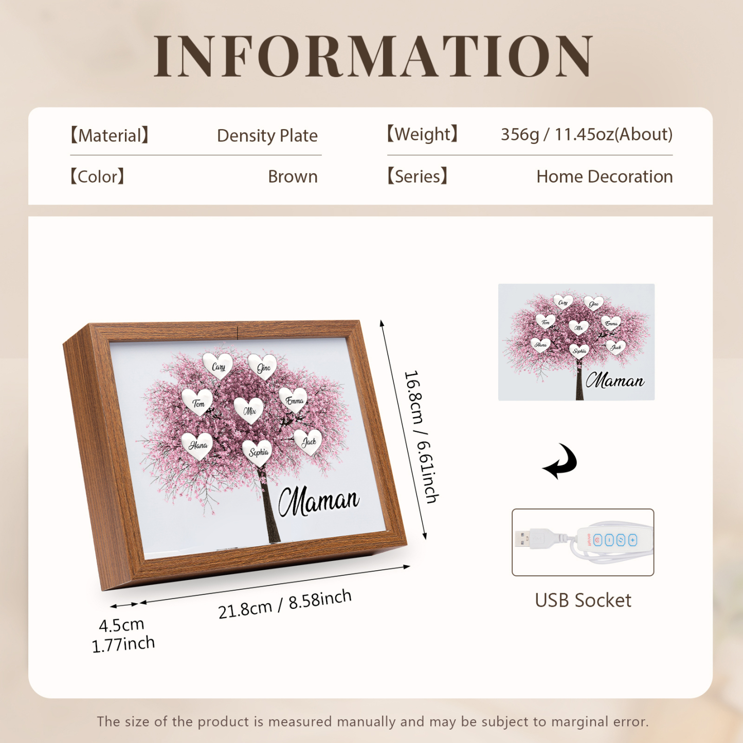 Cadre Photo LED Arbre de Vie 8 Prénoms et 1 Texte Personnalisé Décoration Famille