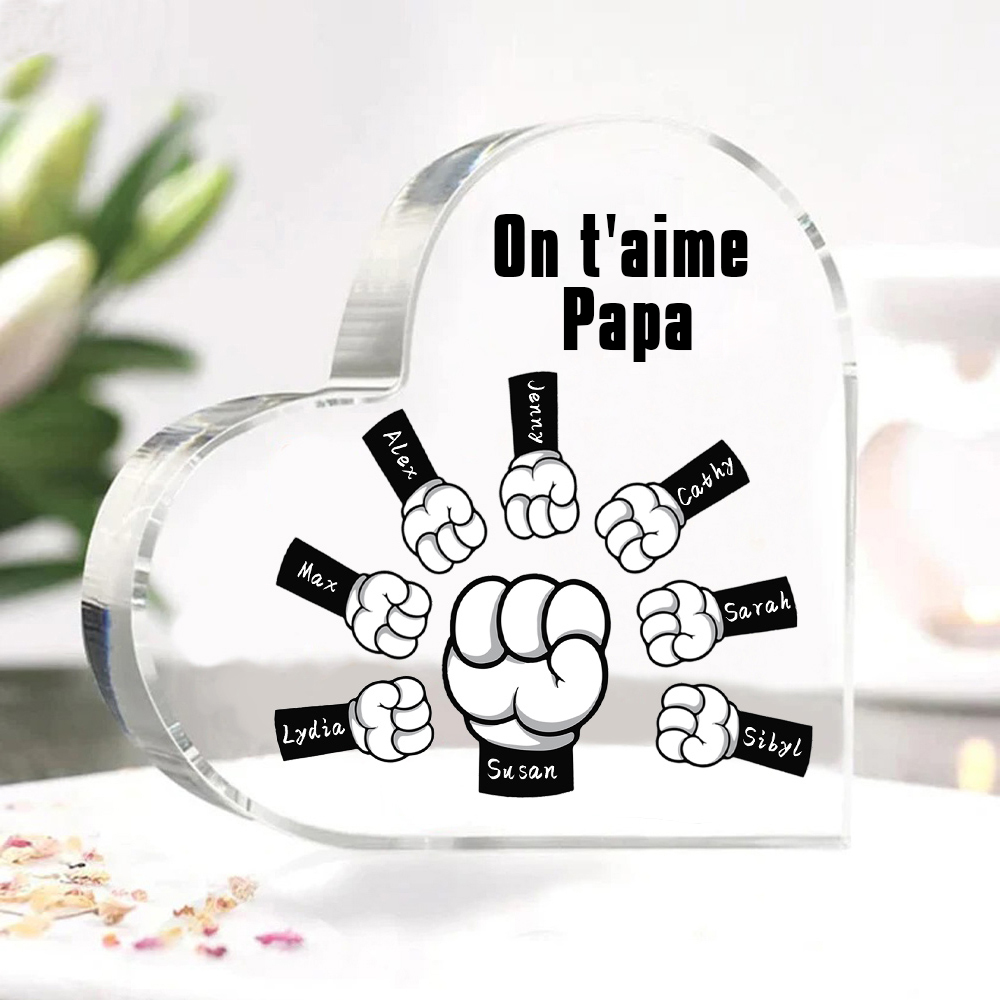À mon Papa/Maman - Plaque Acrylique en Forme de Cœur Poings 8 Prénoms Personnalisés avec 1 Texte