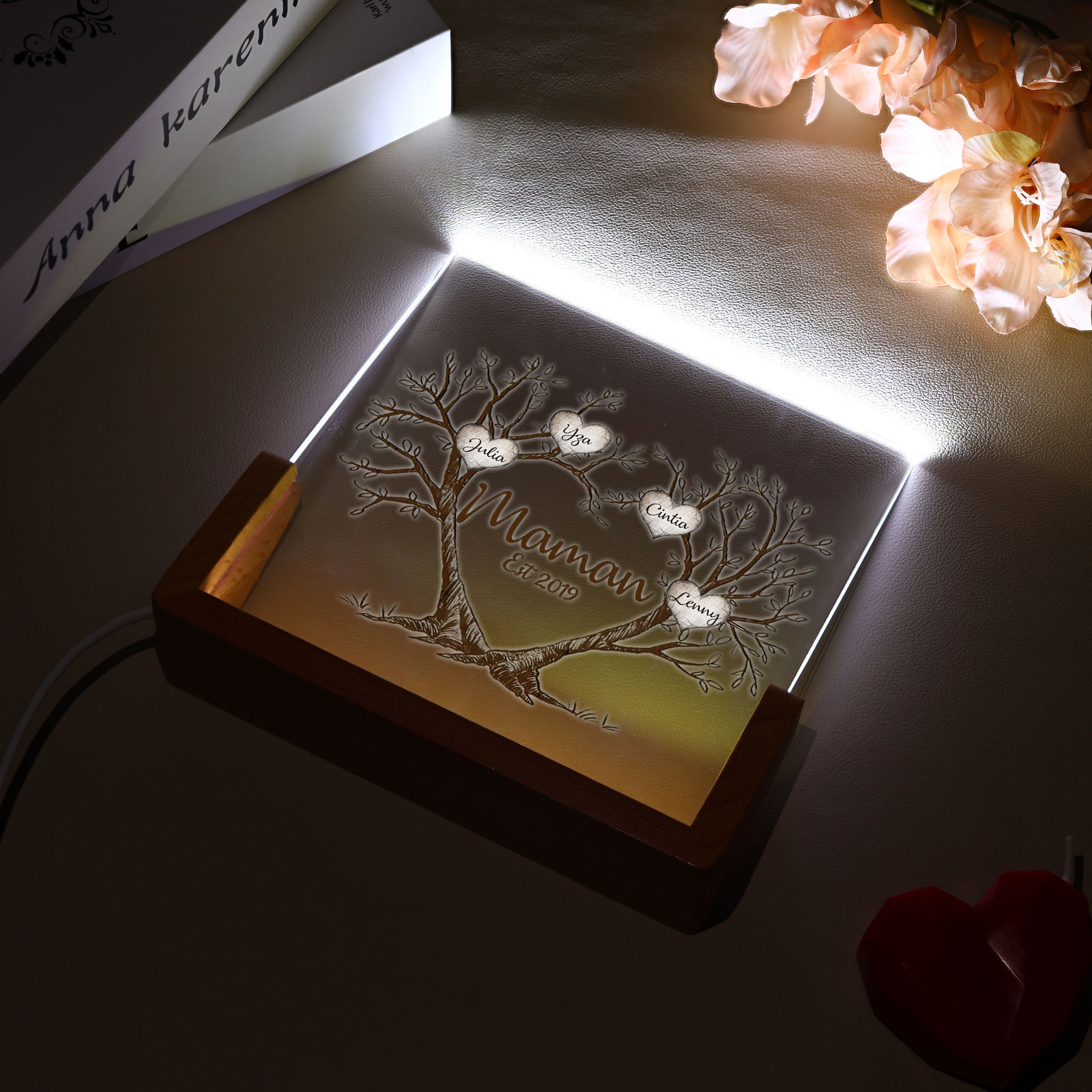 À Maman/Mamie - Lampe de chevet LED Arbre de Vie 4 Prénoms Personnalisés avec Texte et Date pour Famille