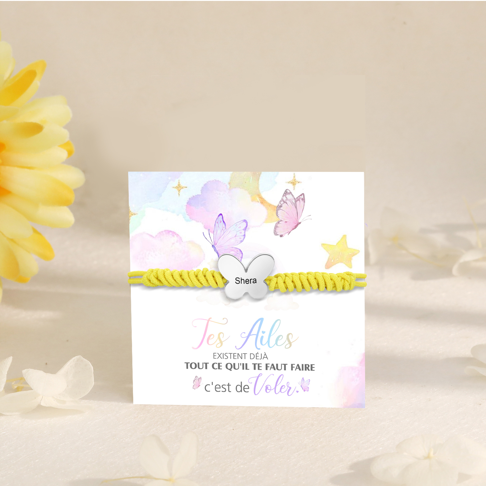 Bracelet Papillon Prénom Personnalisé Corde élastiques - Cadeau Rentrée Scolaire