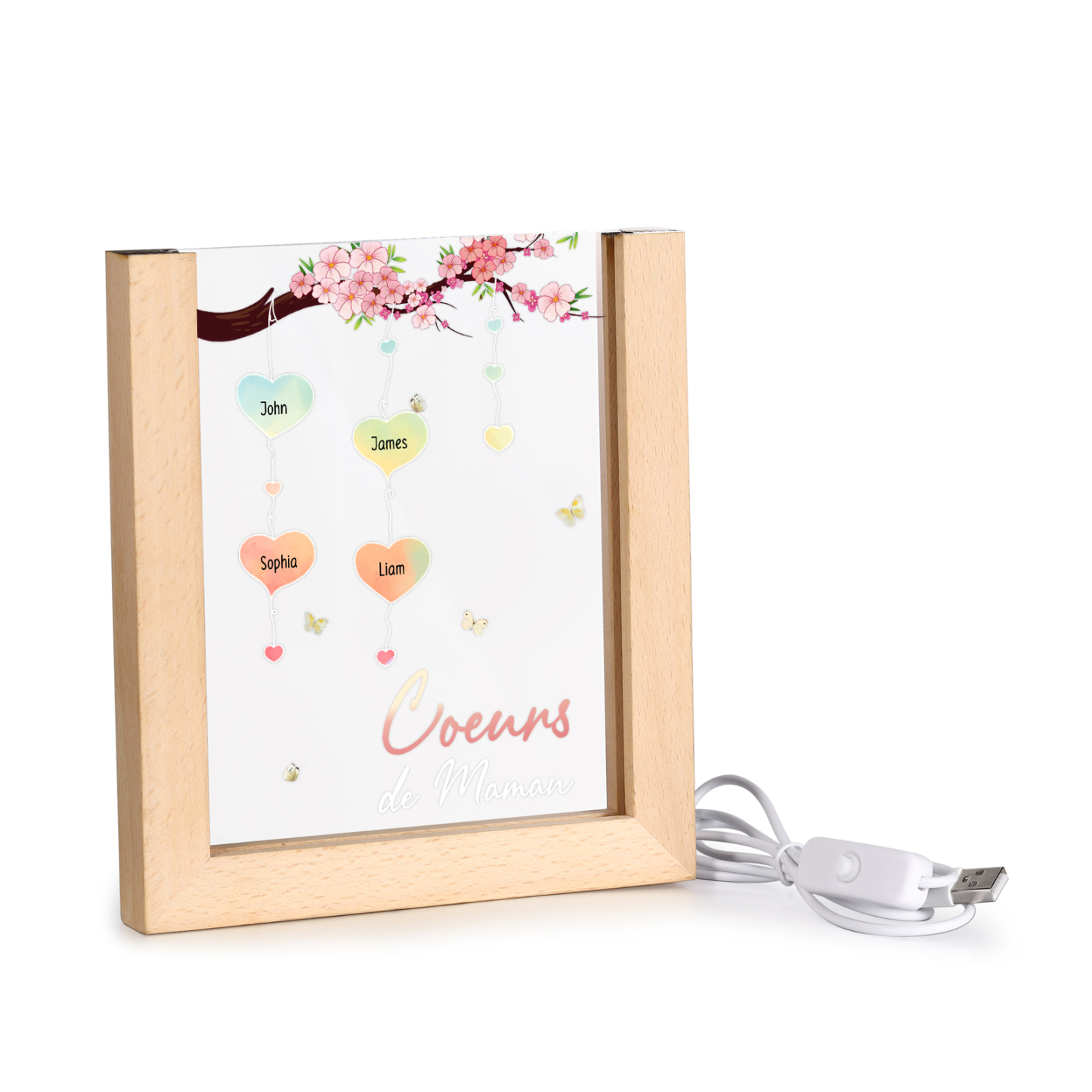 À Maman/Mamie - Lampe de chevet LED Arbre 4 Prénoms Personnalisés avec 1 Texte