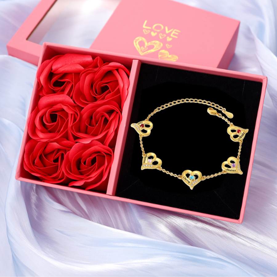 Bracelet Cœur gravé 1-7 Prénoms Personnalisés avec Pierres de Naissance