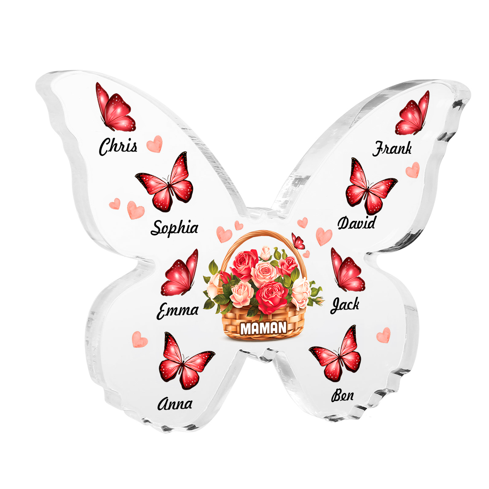 À Maman/Mamie - Plaque Acrylique en forme de Papillon 8 Prénoms et 1 Texte Personnalisés Decoration Fleurs et Papillons