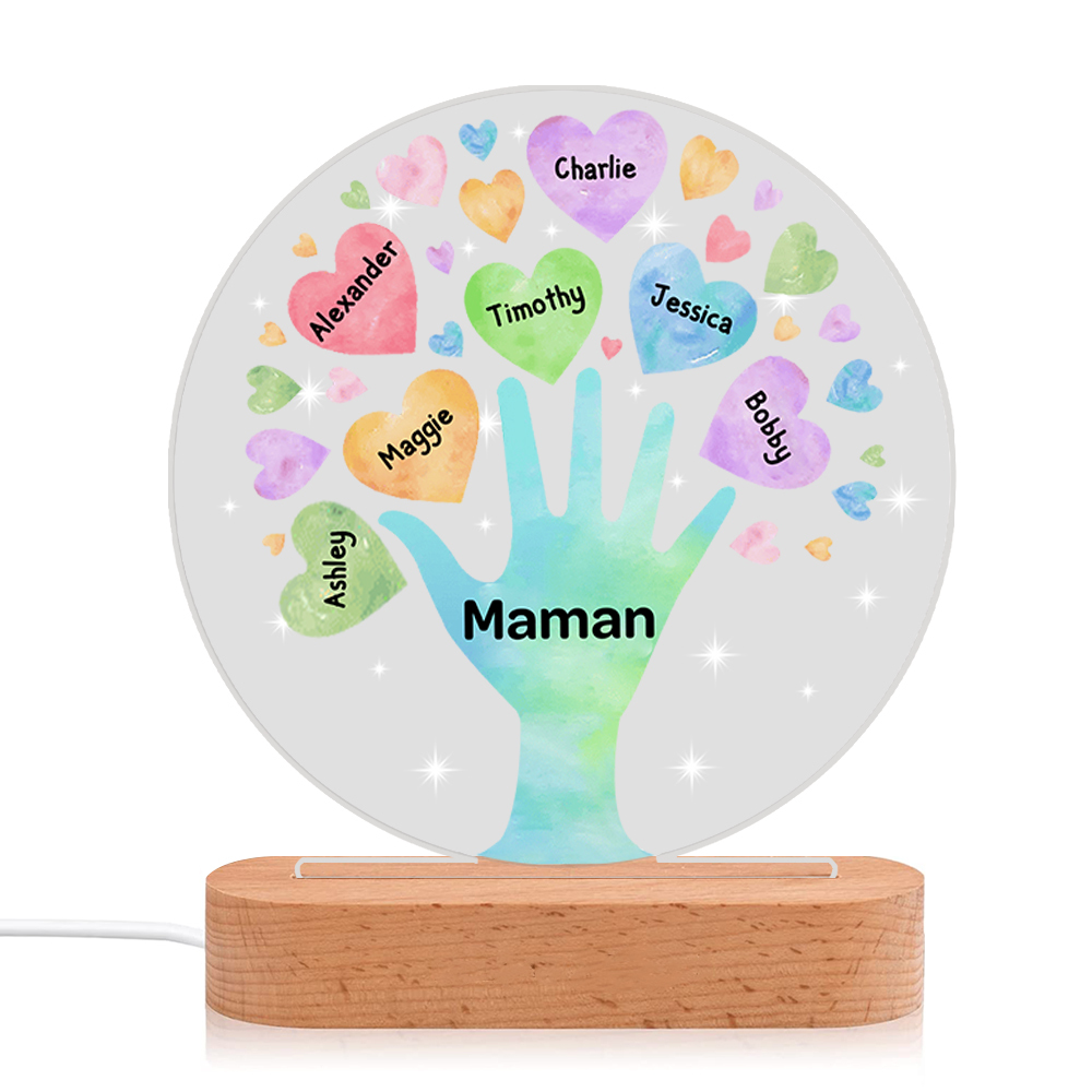 À Maman/Mamie - Lampe de chevet LED Lumières Cœur 7 Prénoms Personnalisés avec 1 Texte pour Famille