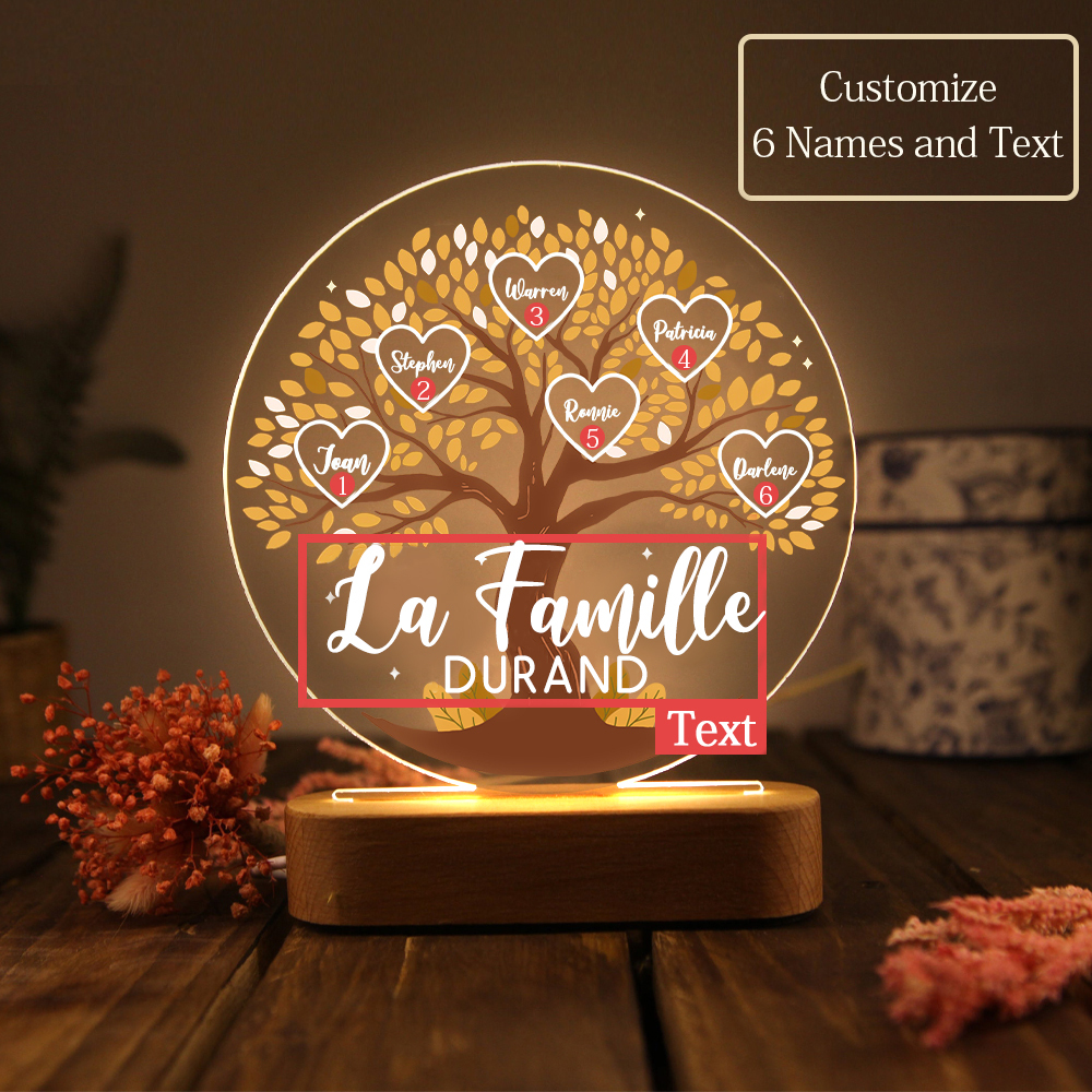 Lampe de chevet Arbre de Vie LED Lumières 6 Prénoms et 1 Texte Personnalisés pour Famille