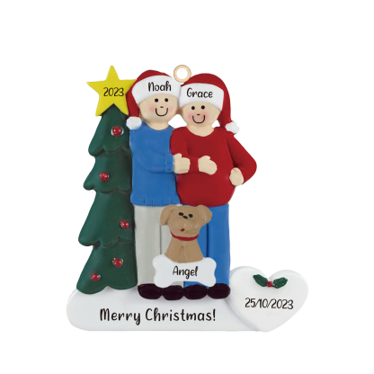 Ornements de Noël avec 2 Poupées et 1 Chien 3 Prénoms et 2 Dates Personnalisés avec Texte