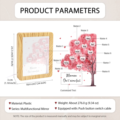 Cadre Photo/Miroir LED Multifonctionnel Arbre 10 Prénoms Personnalisés avec Texte pour Famille