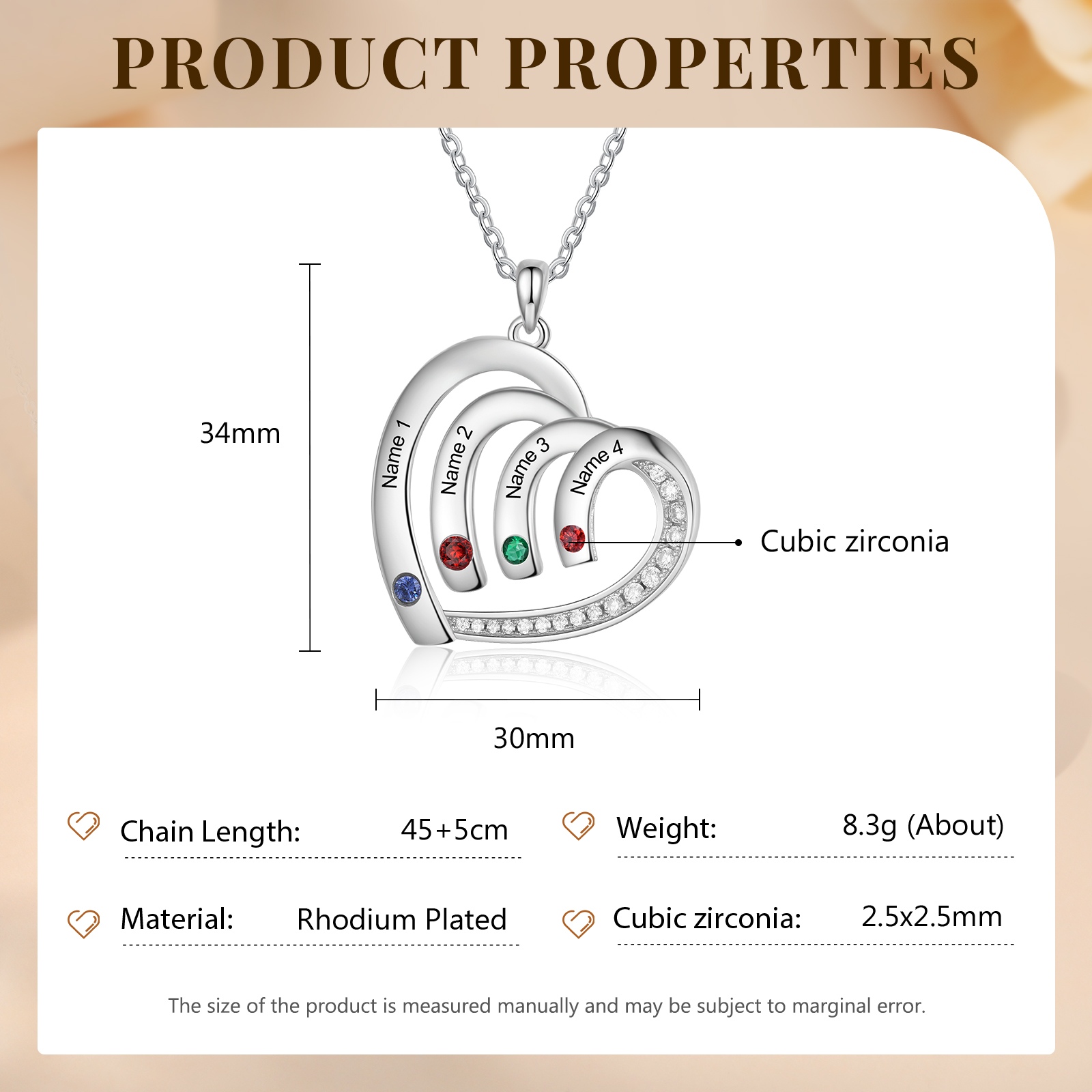 Collier Pendentif Cœur 4 Prénoms Personnalisés avec Pierre de naissance pour Femmes