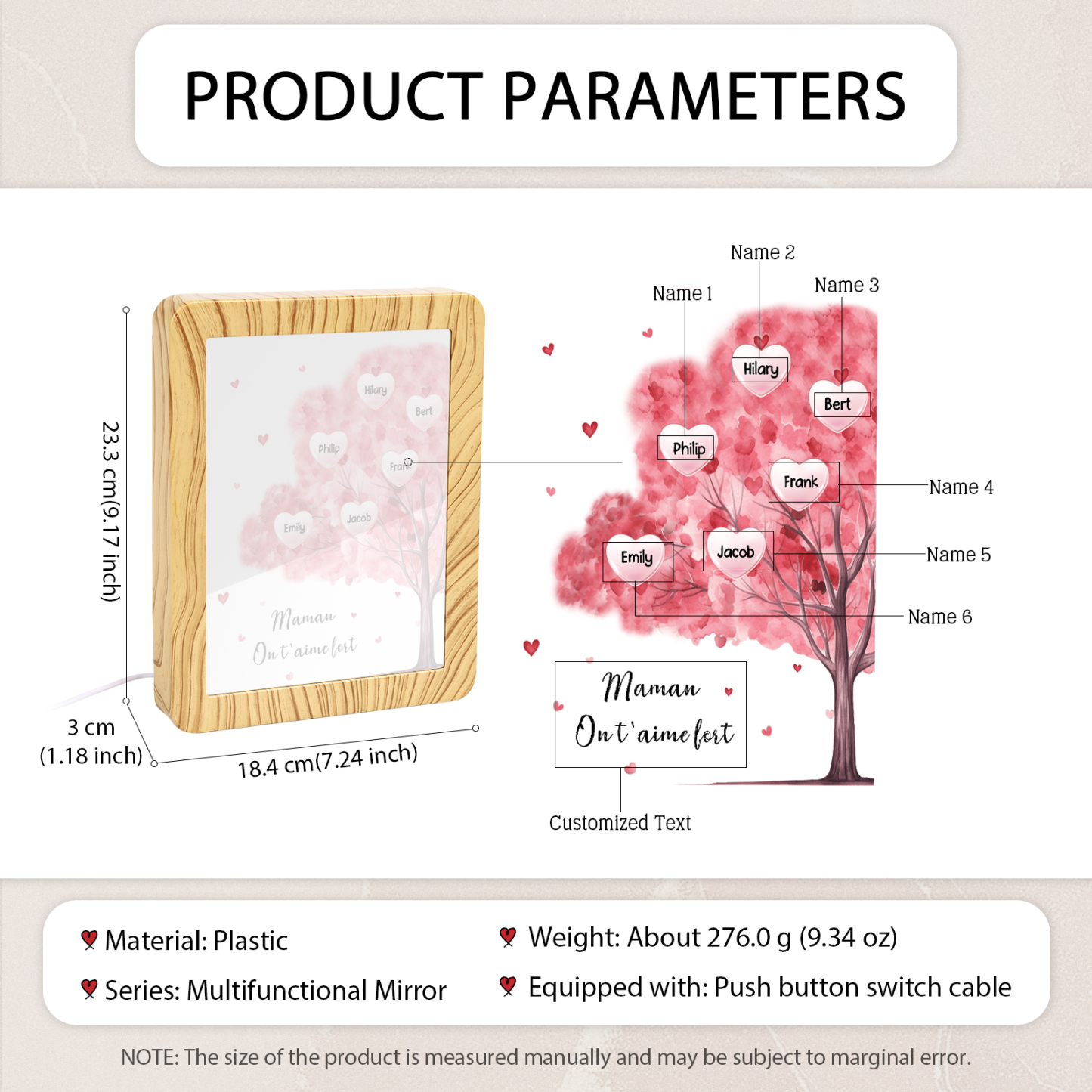 Cadre Photo/Miroir LED Multifonctionnel Arbre 6 Prénoms Personnalisés avec Texte pour Famille