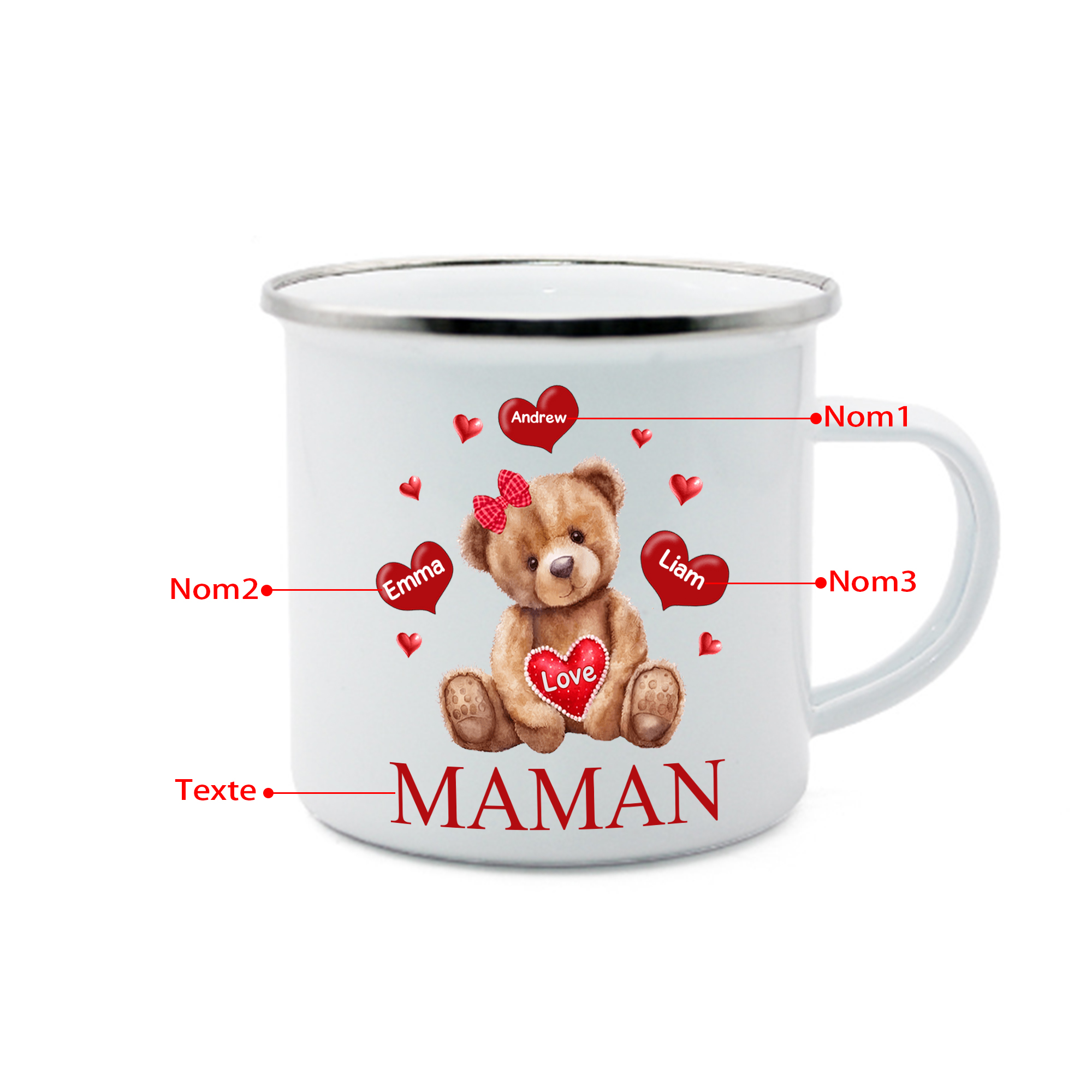 À Maman/Mamie - Tasse émaillée Ours 3 Prénoms Personnalisés