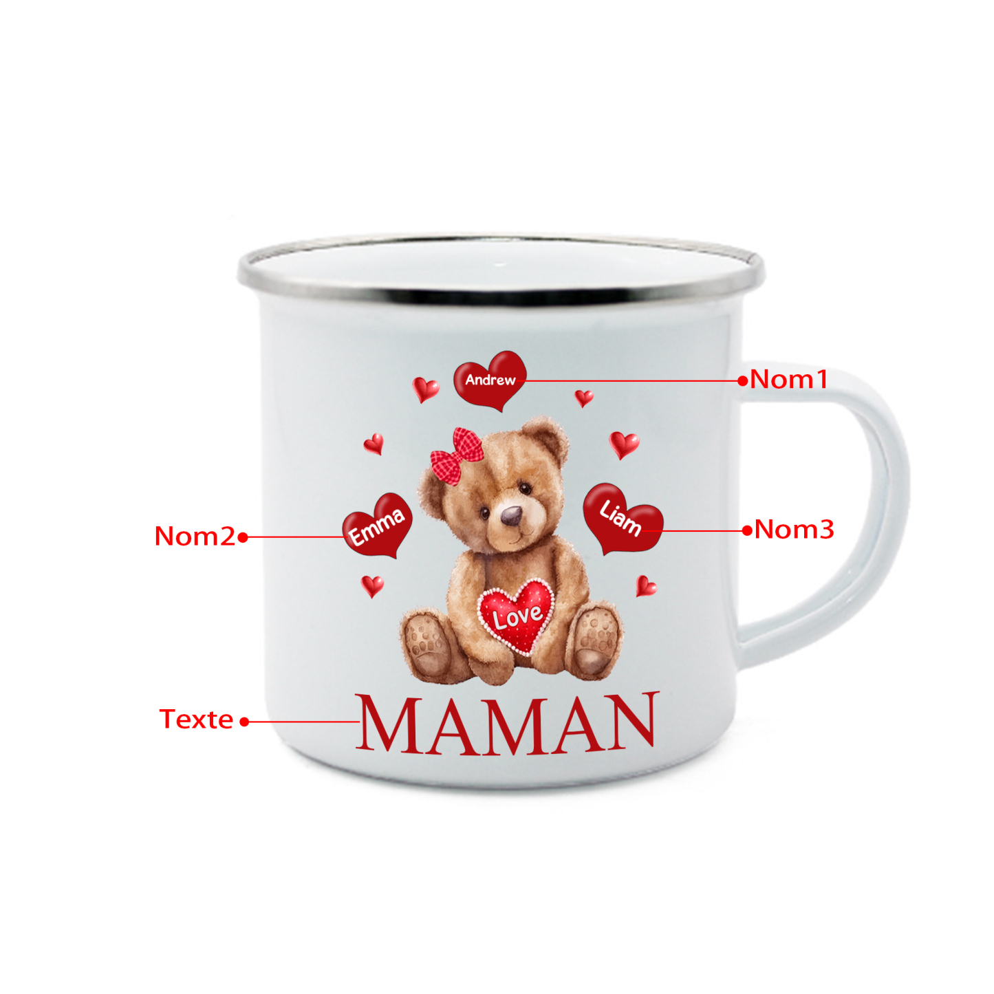 À Maman/Mamie - Tasse émaillée Ours 3 Prénoms Personnalisés