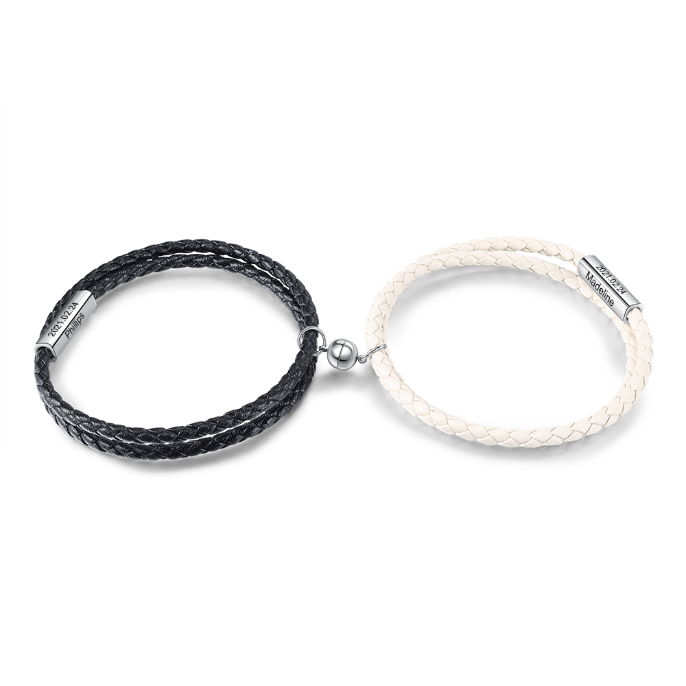 2PCS Bracelets en commun 2 Prénoms Personnalisés avec date Noeud Couli