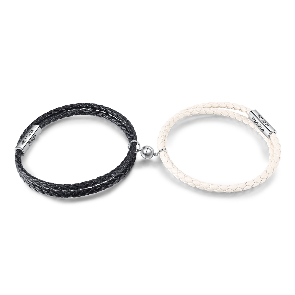 2PCS Bracelets en commun 2 Prénoms Personnalisés avec date Noeud Couli