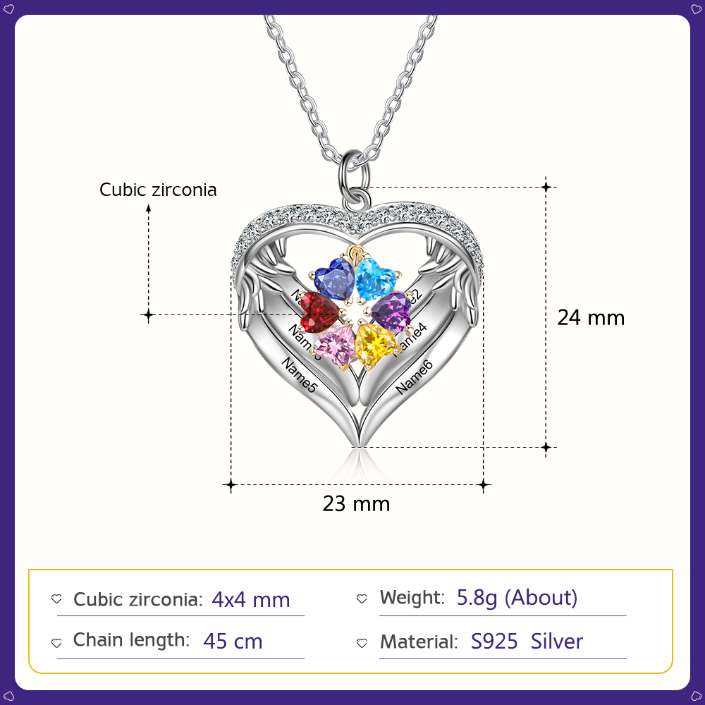 Collier Prénom cœur Argent 925 6 Prénom 6 pierre de naissance