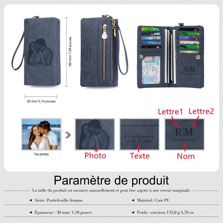 Portefeuille long en cuir PU 1 Prénom personnalisé avec photos et texte et 2 lettre 