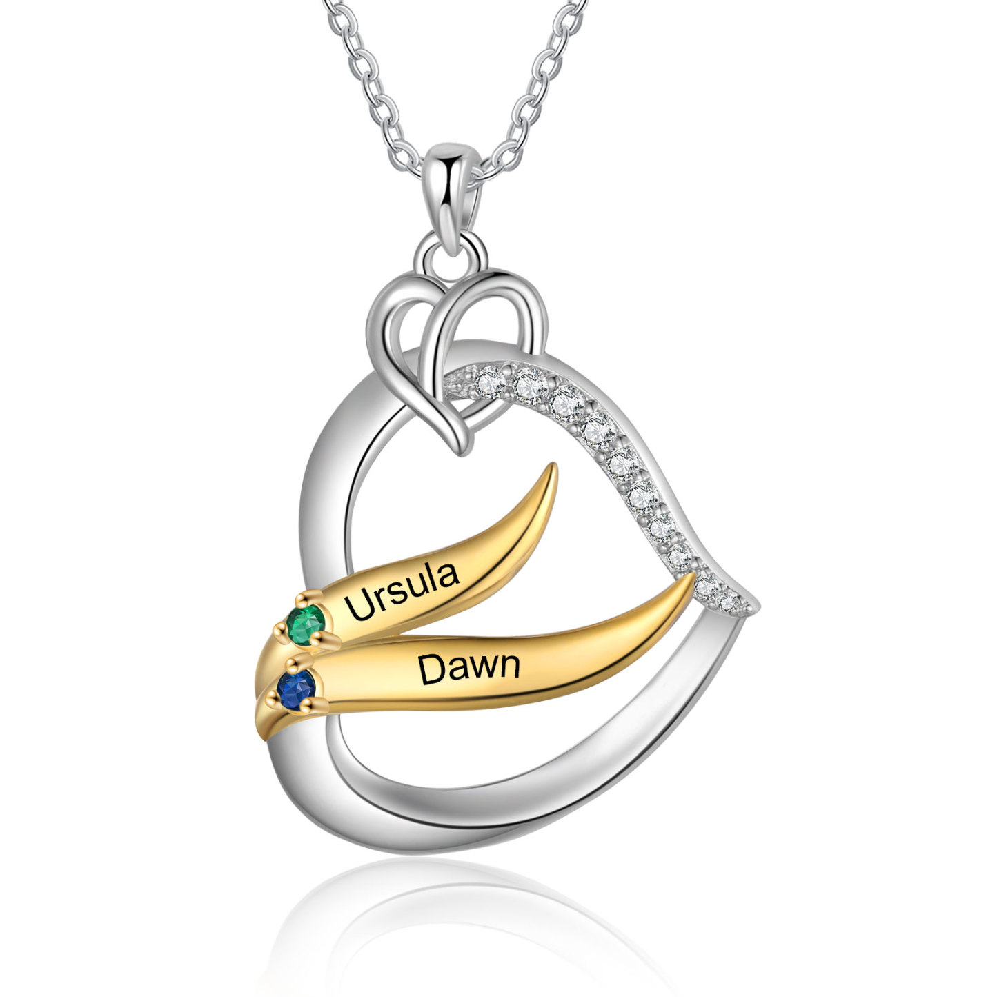 Collier Pendentif Cœur et Ailes Collier Personnalisé Femme avec 2 Prénoms et Pierres de naissance|Jessemade