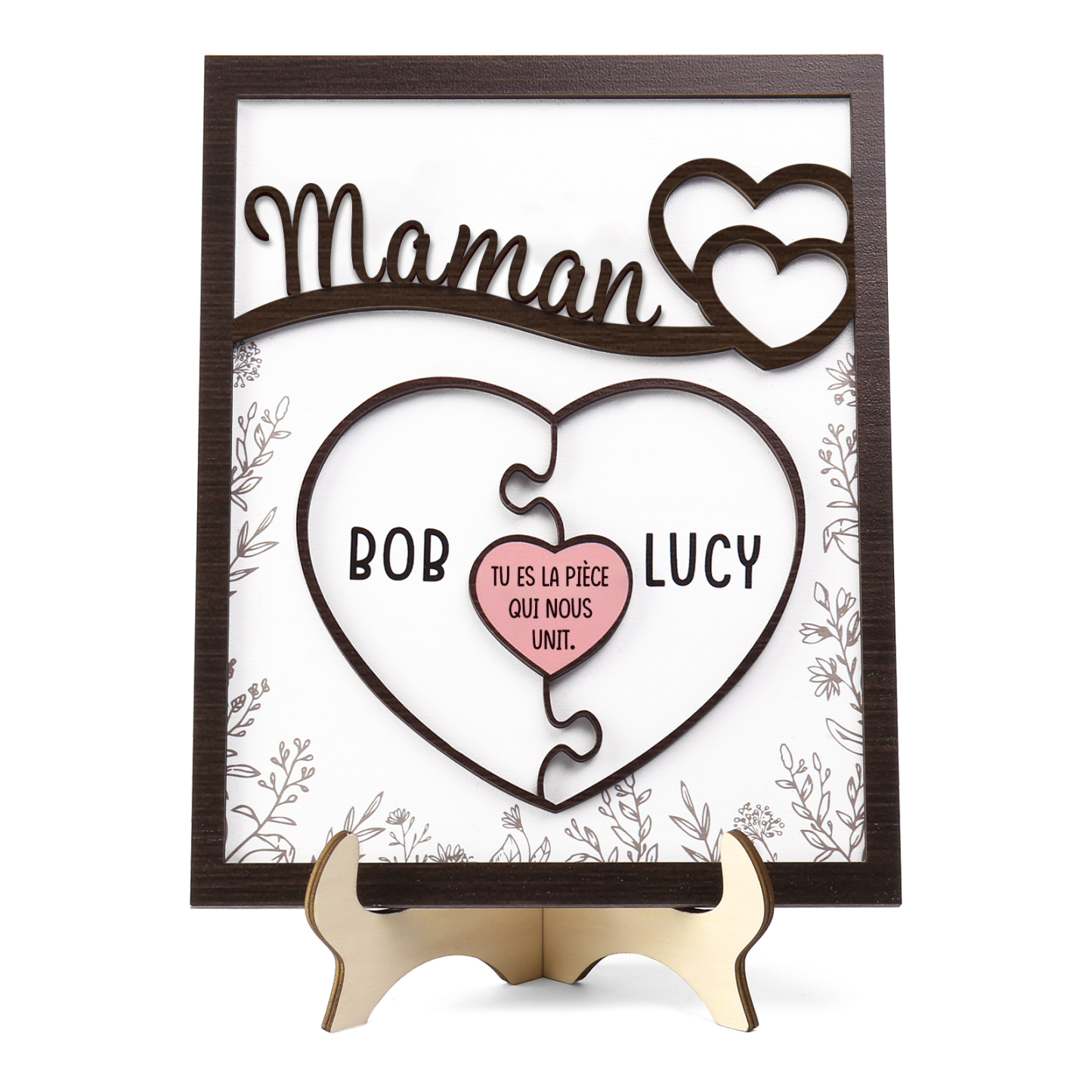 À ma Maman - Décoration en bois Cœur et Puzzle 2 Prénoms Personnalisés Ornement pour Famille