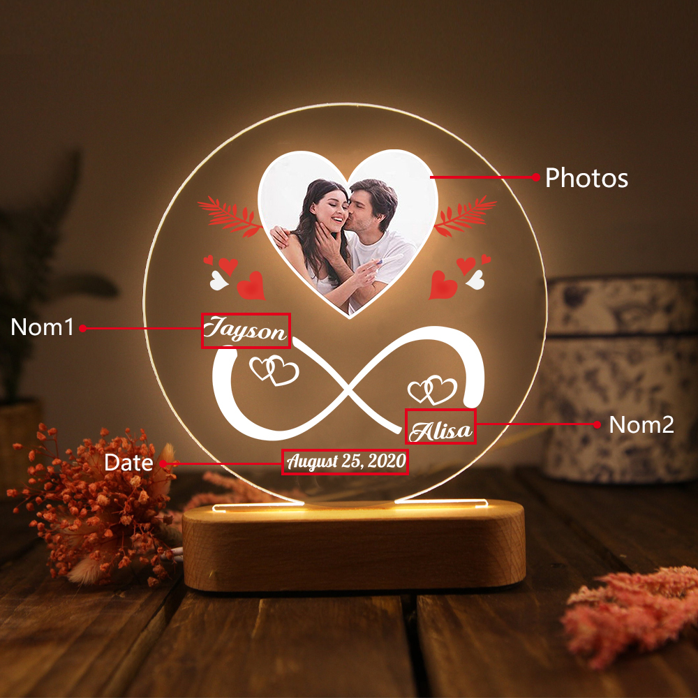 Lampe de chevet Couple LED Lumières 2 Prénoms et 1 Photo Personnalisés avec Date