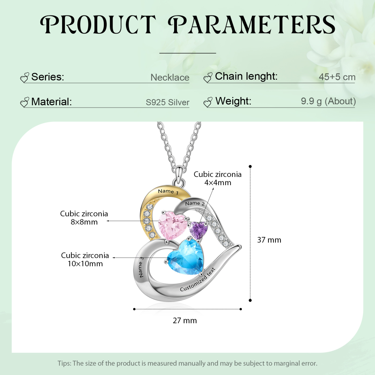 Collier Argent 925 Pendentif Cœur 3 Prénoms et 1 Texte Personnalisés avec 3 Pierre de naissance pour Femmes
