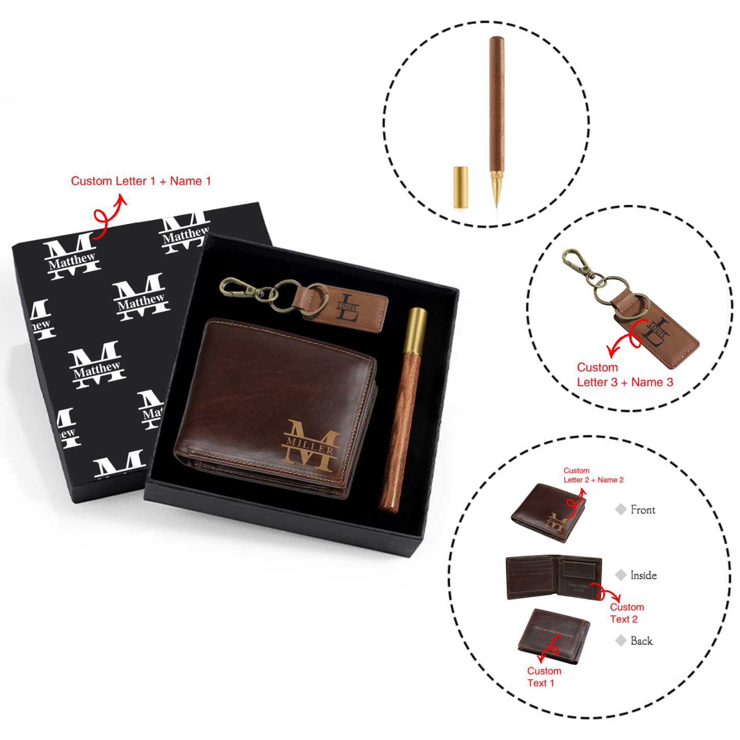 Coffret Cadeau 3PCS - Portefeuille classique Porte-Clés et Stylo 3 Prénoms et 3 Lettres Personnalisés avec 2 Textes Coffret Cadeau pour Homme