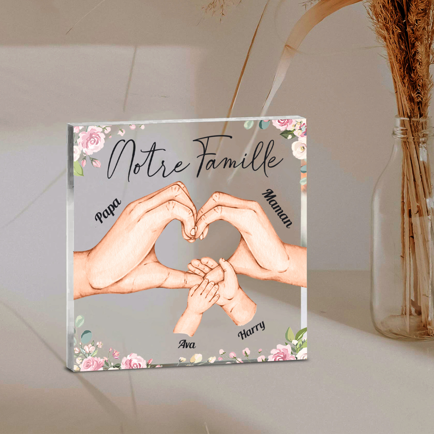 À ma Famille - Plaque Acrylique Carrée la Main dans la Main 4 Prénoms Personnalisés avec Texte