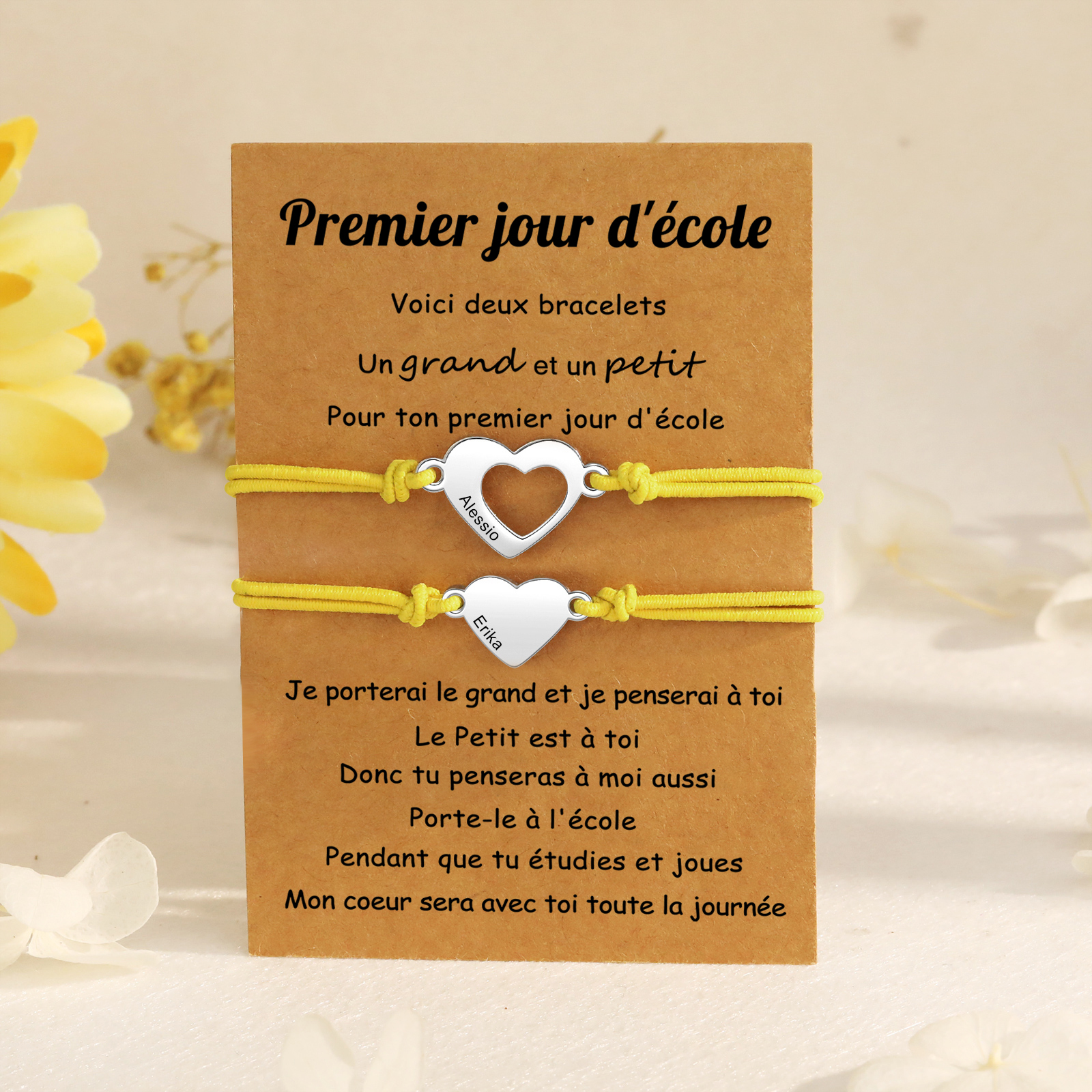2PCS Bracelet en Commun Cœur 2 Prénoms Personnalisés Corde élastiques - Cadeau Rentrée Scolaire Premier jour d’école｜Jessemade