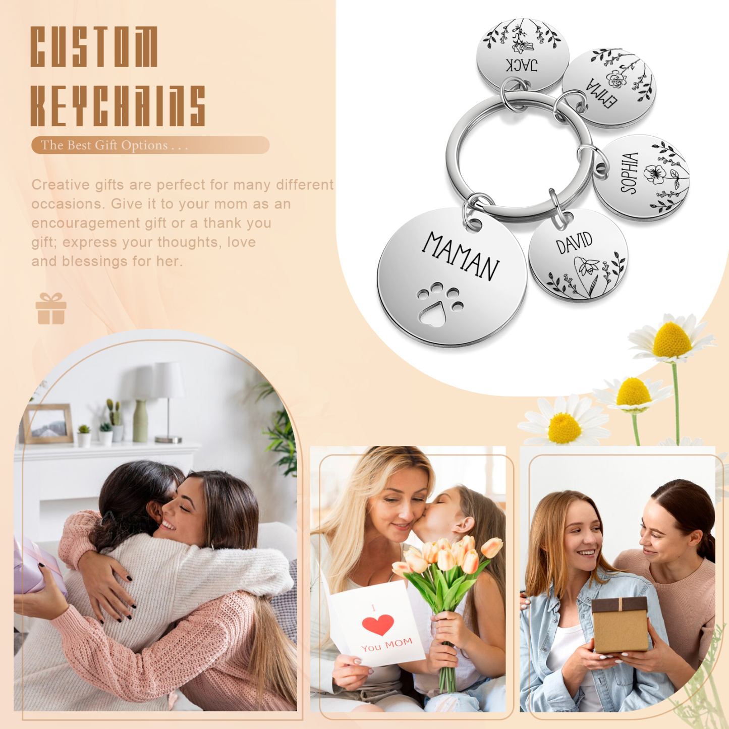 Porte-Clés patte 4 Prénoms et 1 Texte Personnalisés avec Fleur de Naissance