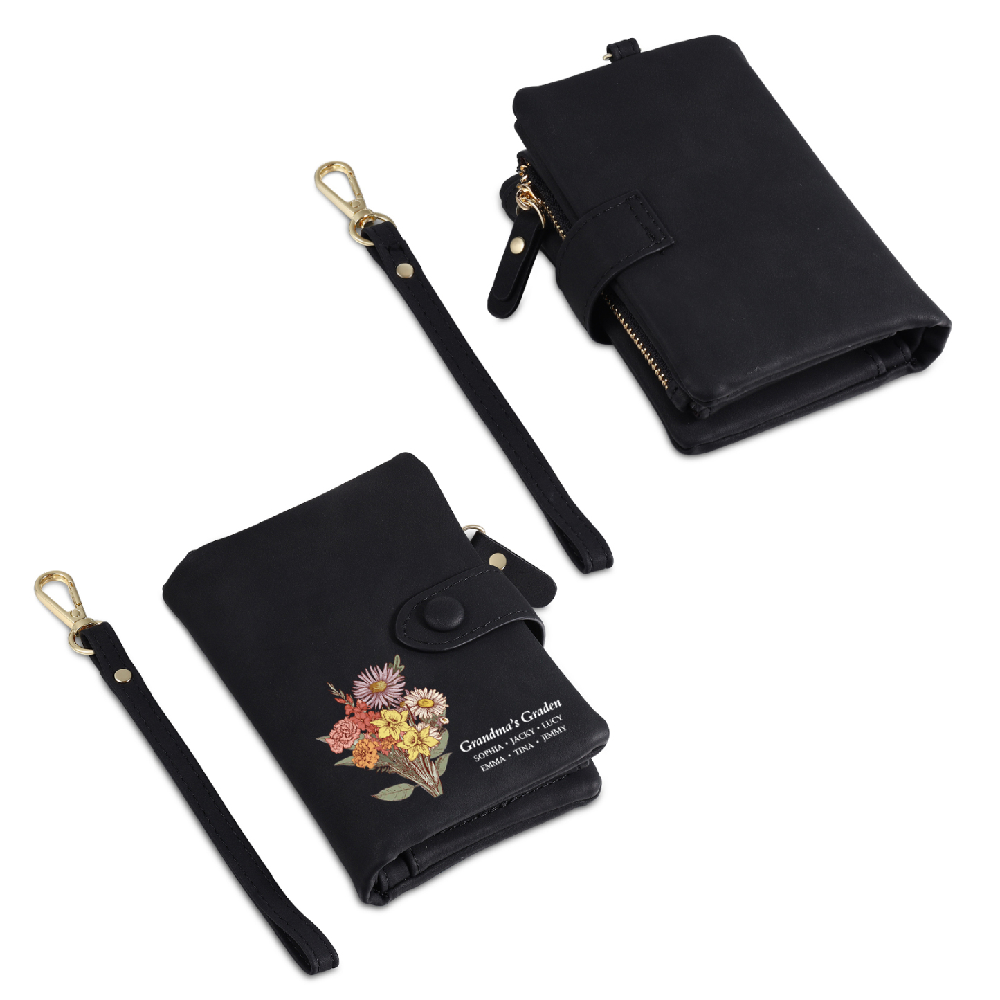 Portefeuille Fleur de naissance 1-6 Prénoms Personnalisés Porte-Monnaie Carte pour Femmes