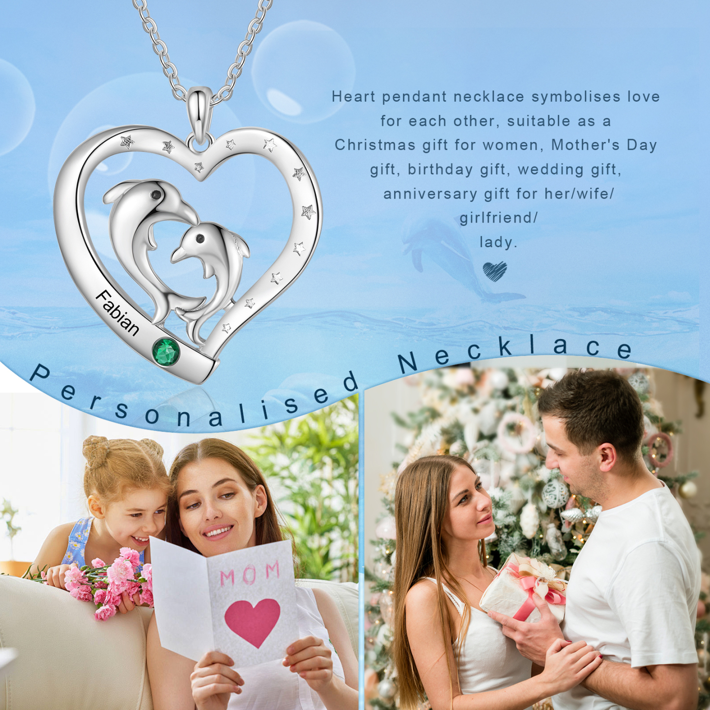 Collier Pendentif Cœur et Dauphin 1 Prénom Personnalisé avec 1 Pierre de Naissance