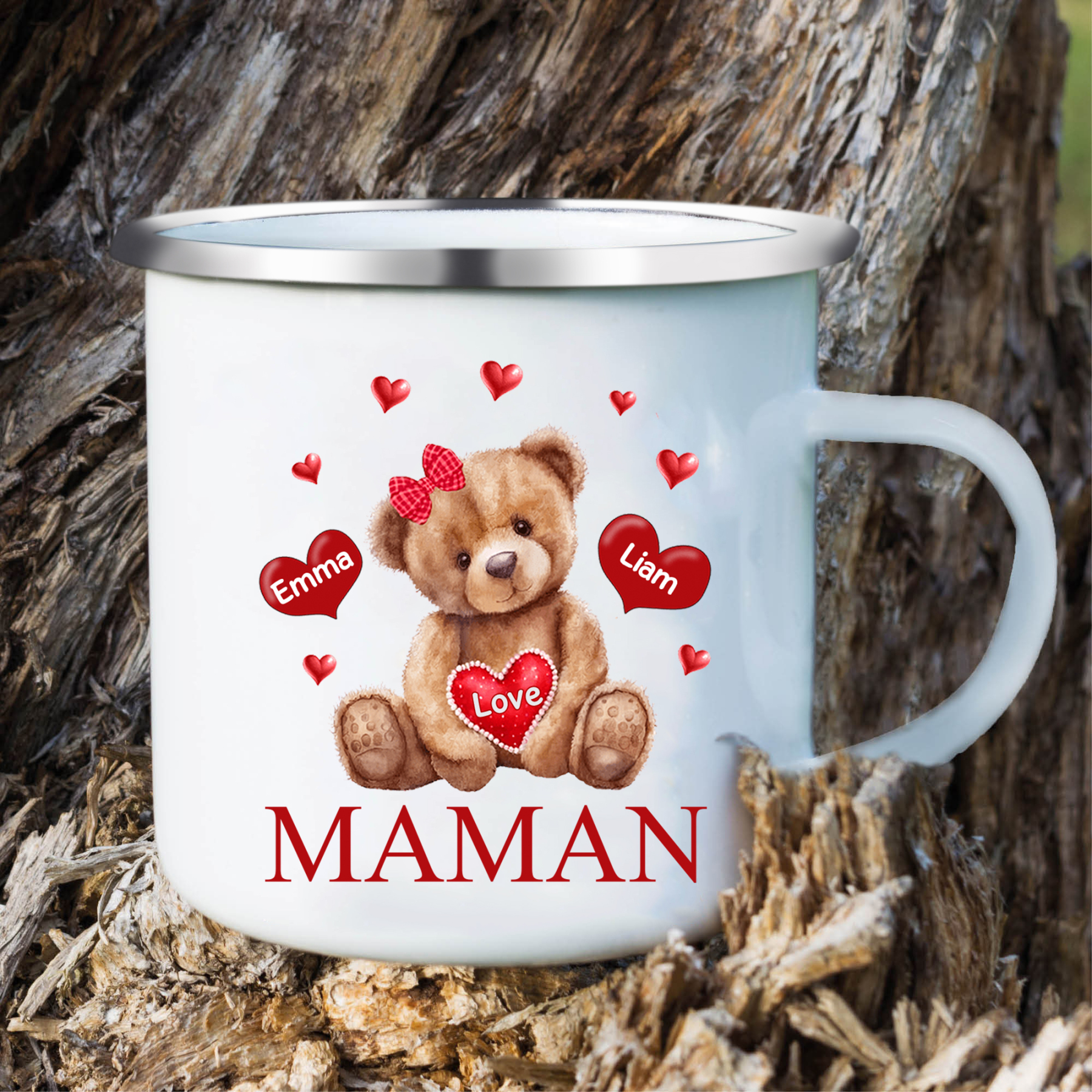 À Maman/Mamie - Tasse émaillée Ours 2 Prénoms Personnalisés