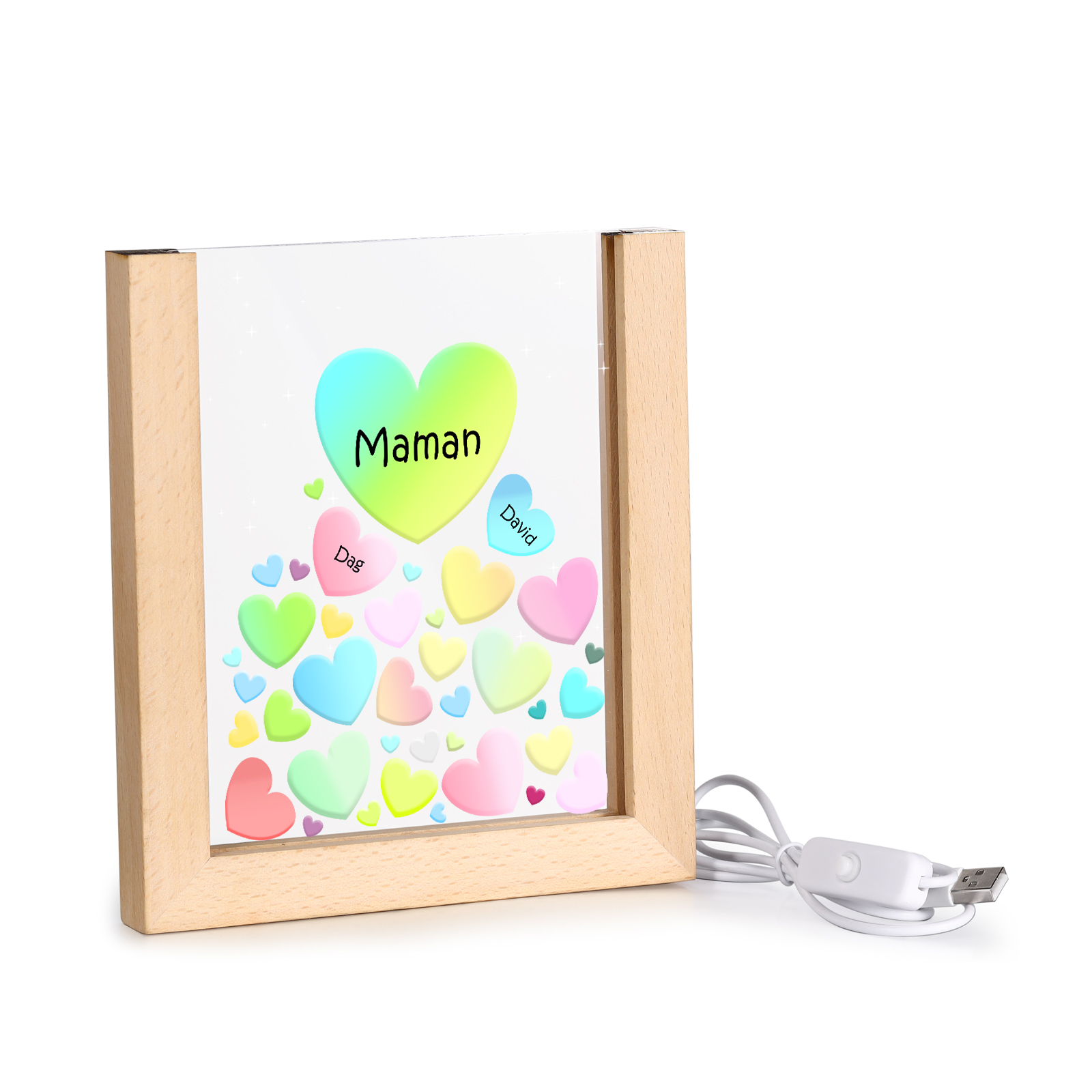 À Maman/Mamie - Lampe de chevet LED Cœurs 2 Prénoms Personnalisés avec 1 Texte