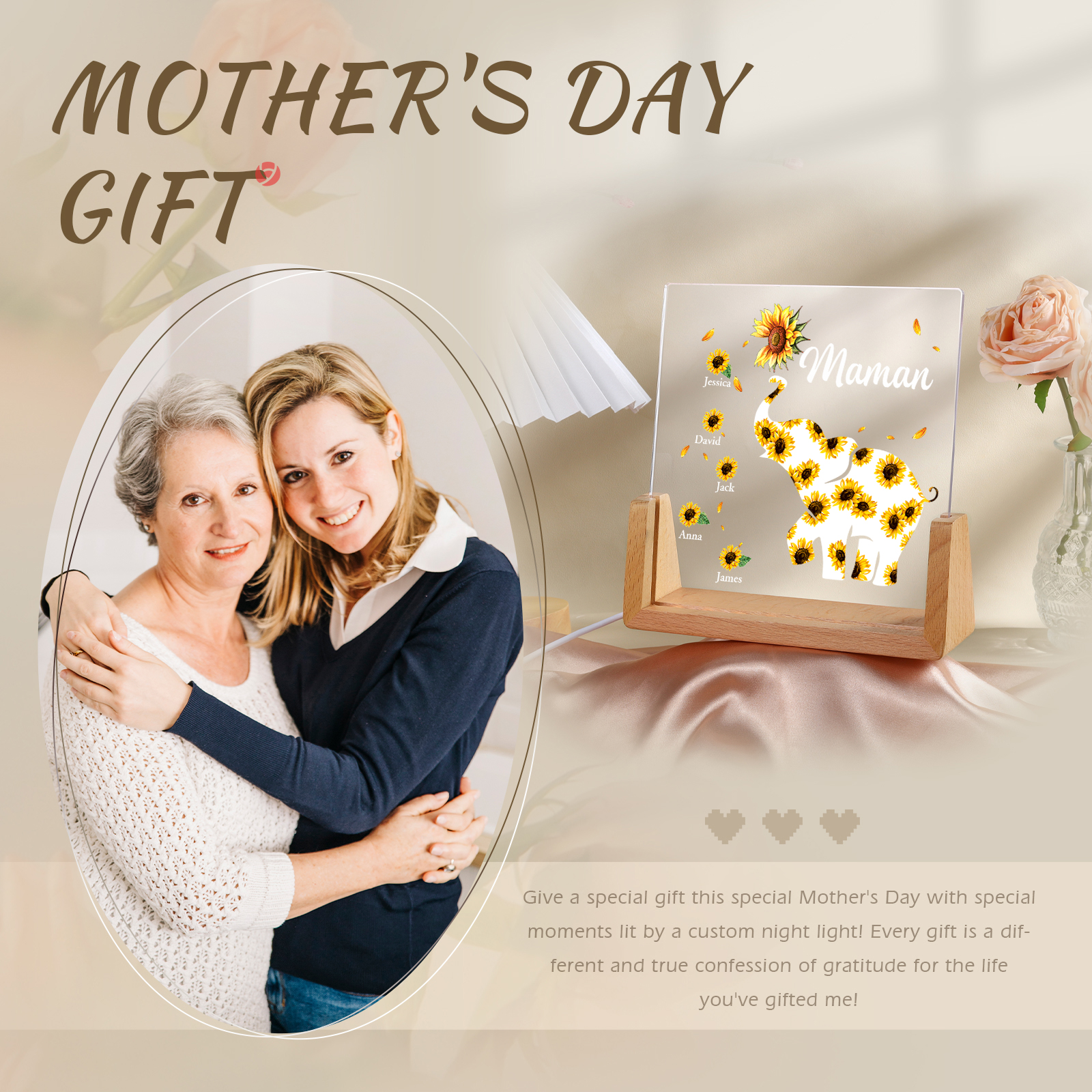 À Maman/Mamie - Lampe de chevet LED Éléphants 5 Prénoms Personnalisés avec Texte