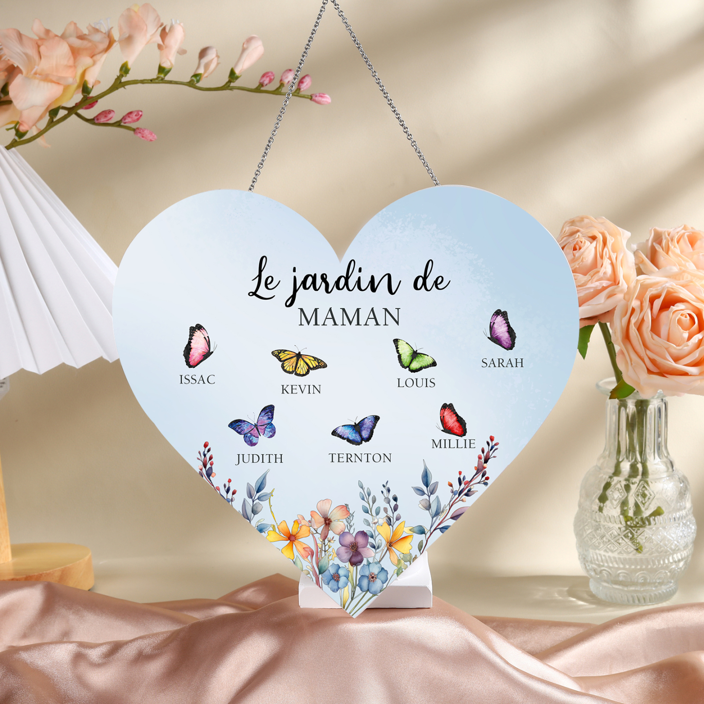 À Maman/Mamie - Veilleuse Cœur Décoration Fleur et Papillon 7 Prénoms Personnalisés avec 1 Texte