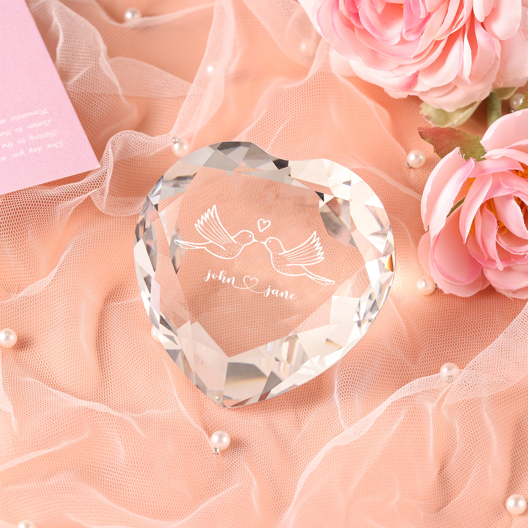 Décoration Cristal Cœur 2 Prénoms Personnalisés pour Couple