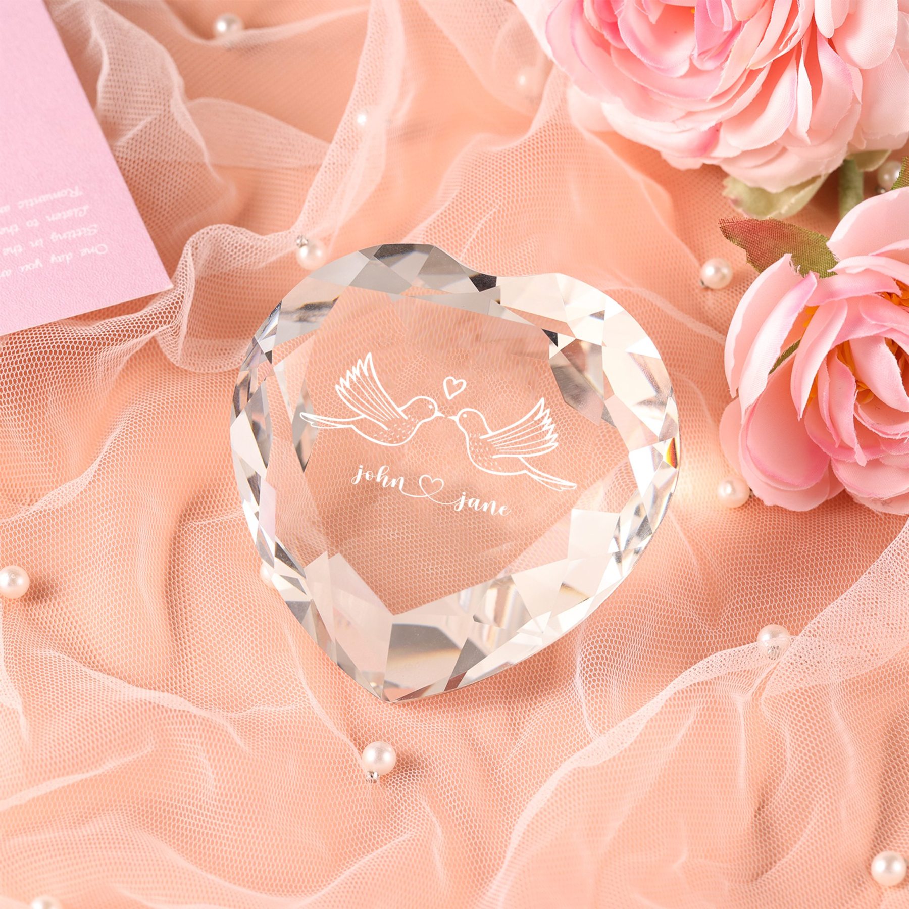 Décoration Cristal Cœur 2 Prénoms Personnalisés pour Couple