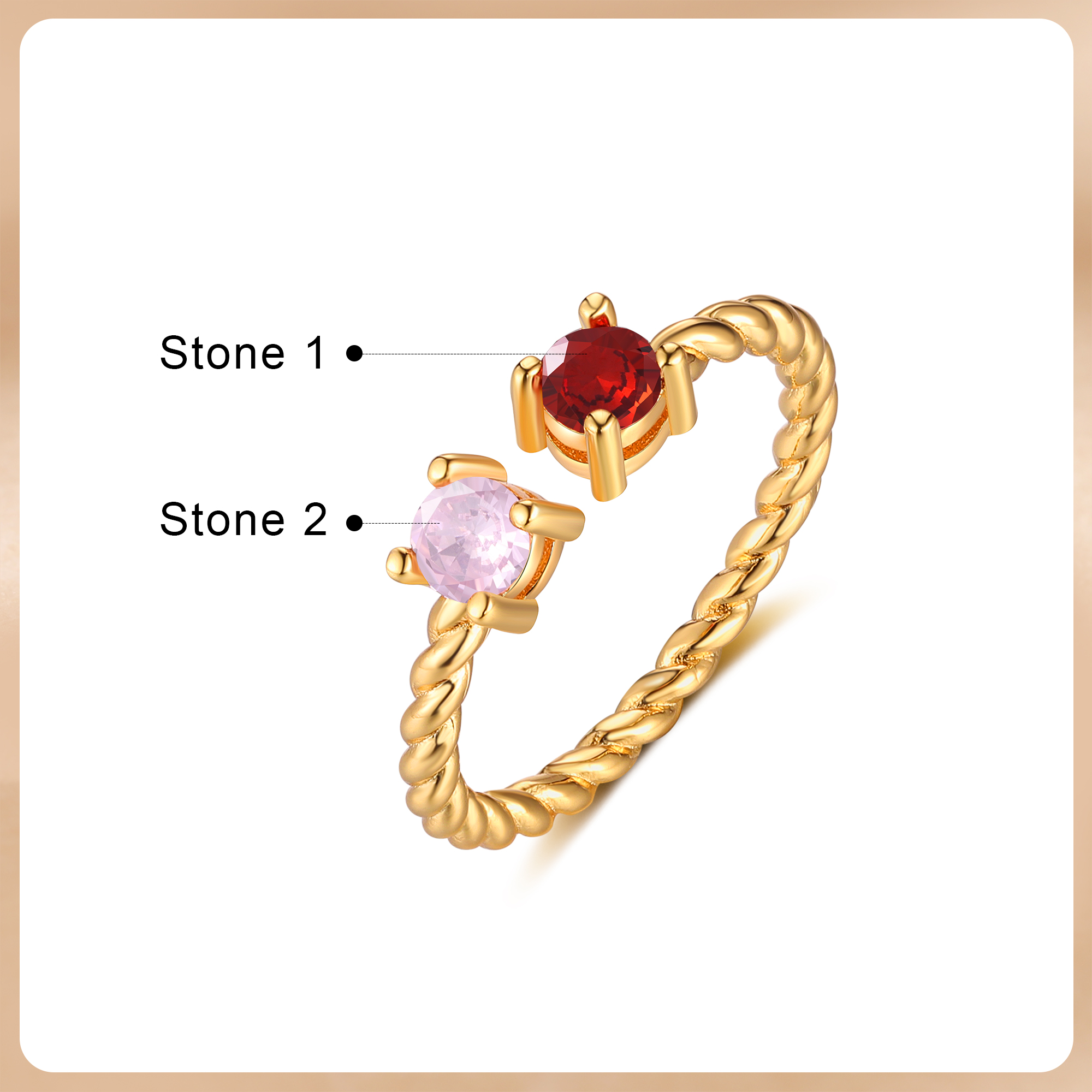 Bague Ouverte 2 Pierres de naissance Personnalisées pour Femmes