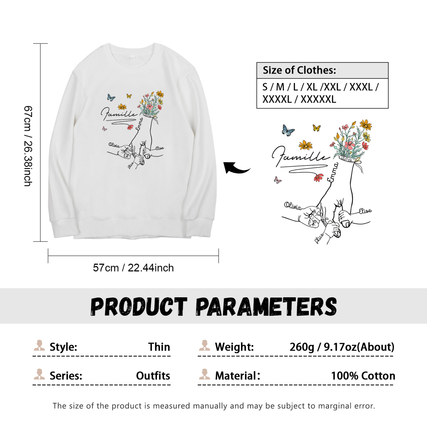 Sweat-Shirt la main dans la main 4 Prénoms Personnalisés avec Texte