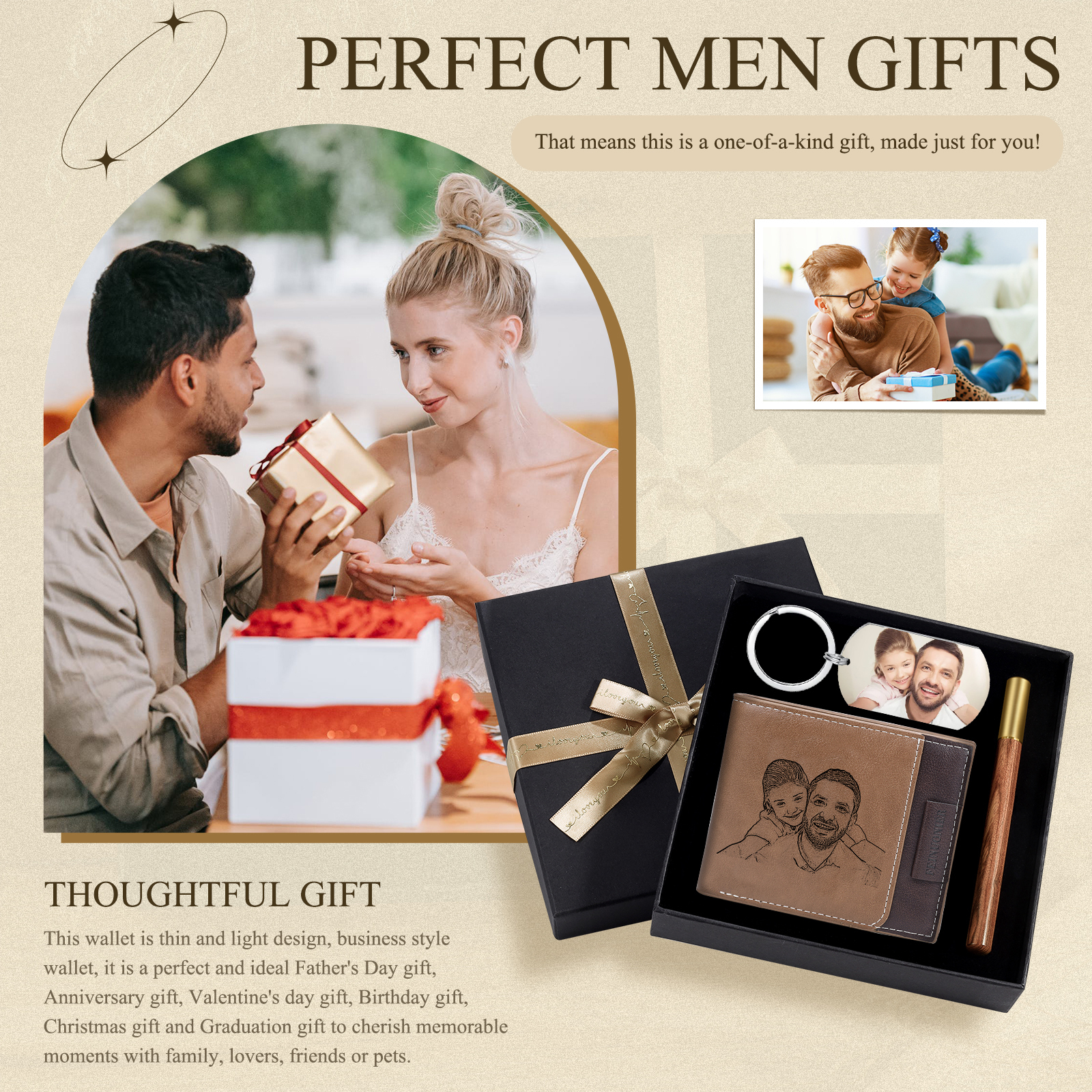 Coffret Cadeau 3PCS - Portefeuille classique Porte-Clés et Stylo 2 Textes 2 Photos Personnalisés Coffret Cadeau pour Homme | Jessemade