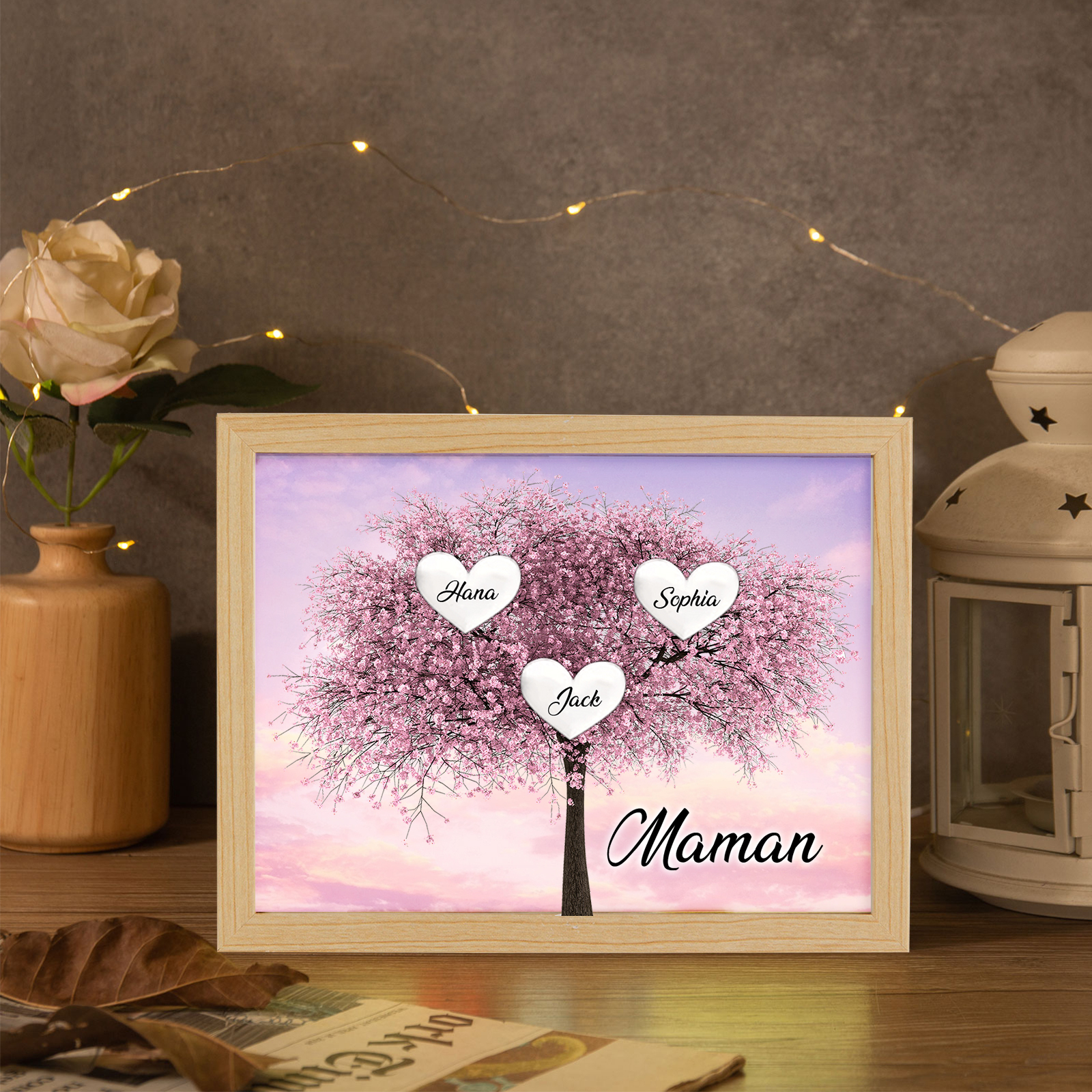 Cadre Photo LED Arbre de Vie 3 Prénoms et 1 Texte Personnalisé Décoration Famille