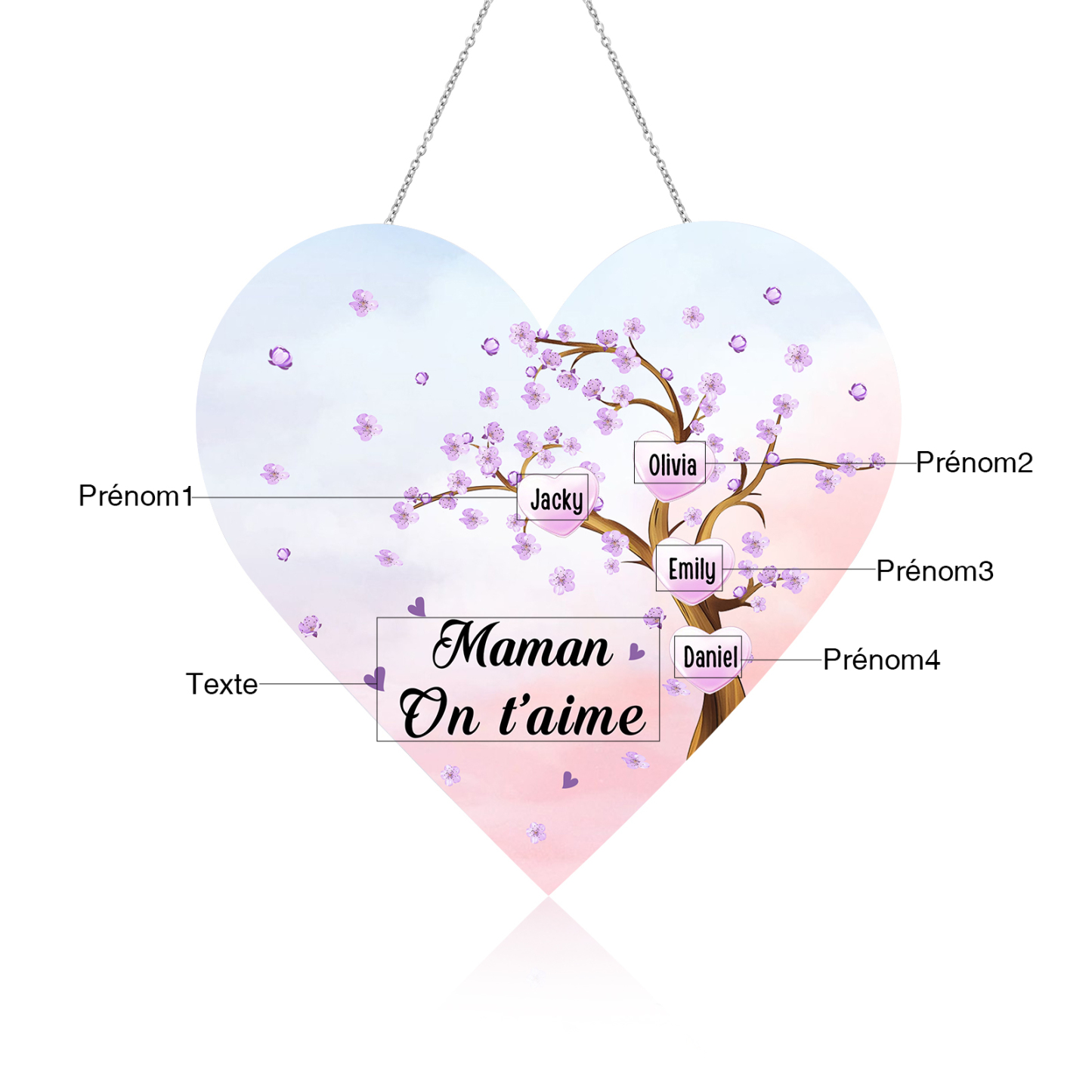 À Maman/Mamie - Veilleuse Cœur Décoration Arbre 4 Prénoms Personnalisés avec 1 Texte