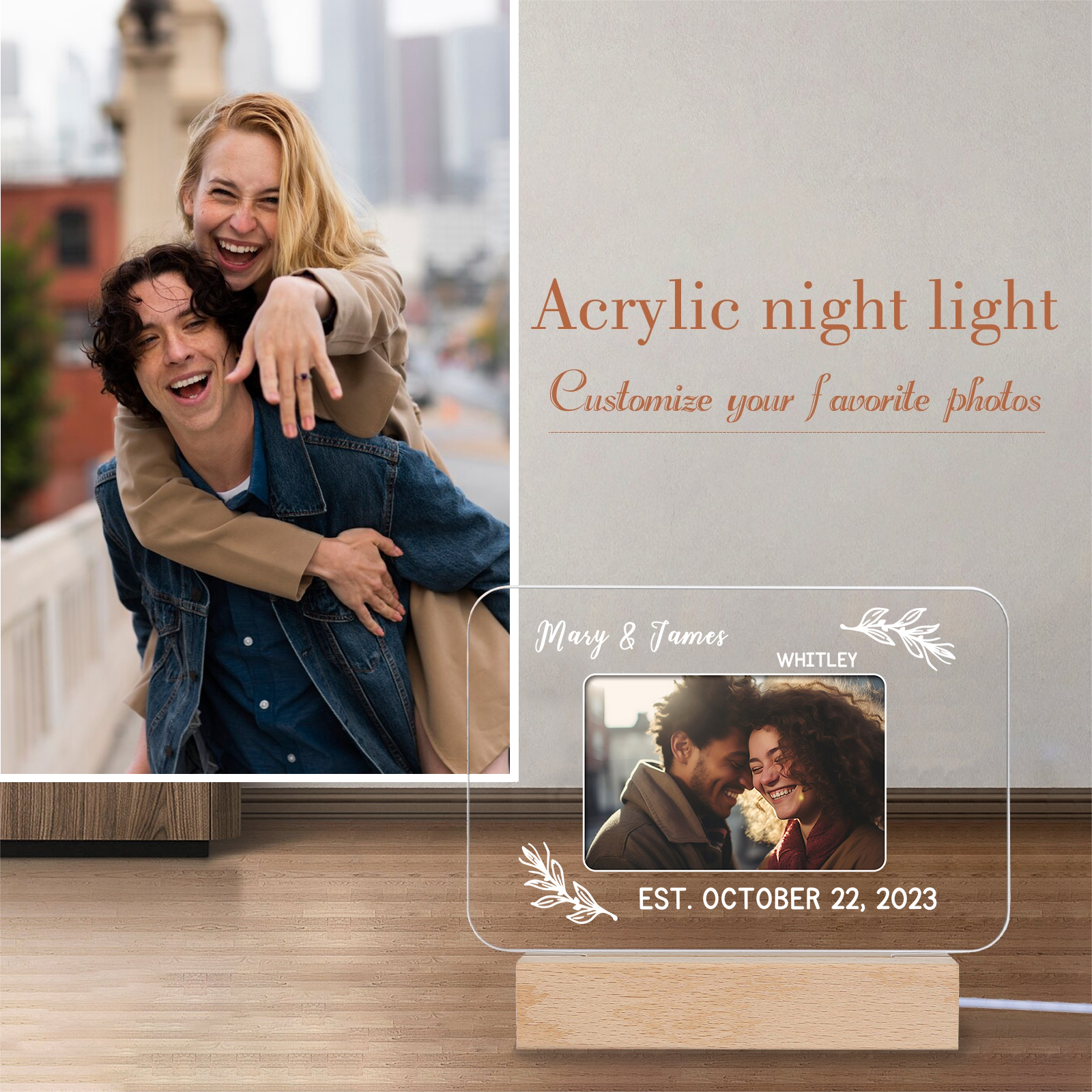 Lampe de chevet LED Lumières 2 Prénoms et 1 Photo Personnalisés avec Texte et Date pour Couple