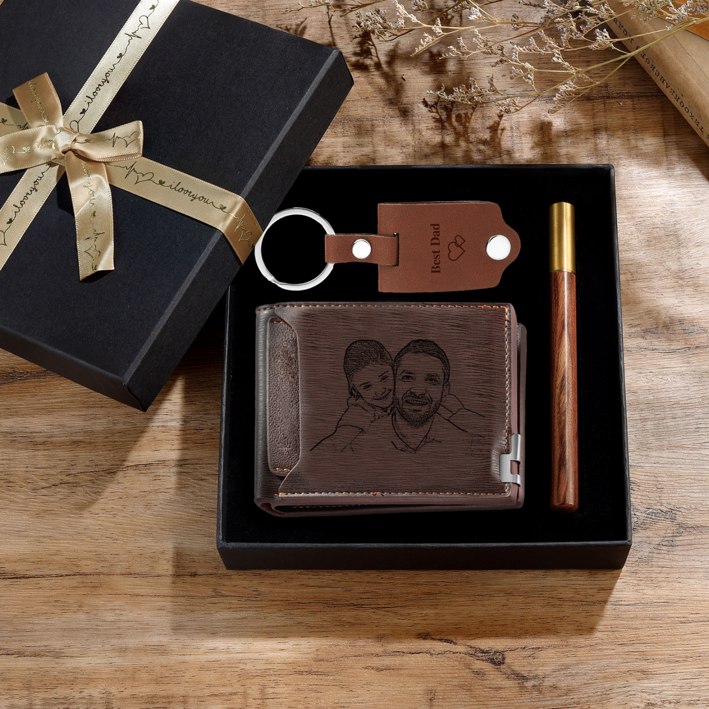Coffret Cadeau 3PCS - Portefeuille classique Porte-Clés et Stylo 3 Textes Personnalisés avec 2 Photos Coffret Cadeau pour Homme
