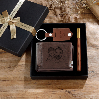 Coffret Cadeau 3PCS - Portefeuille classique Porte-Clés et Stylo 3 Textes Personnalisés avec 2 Photos Coffret Cadeau pour Homme