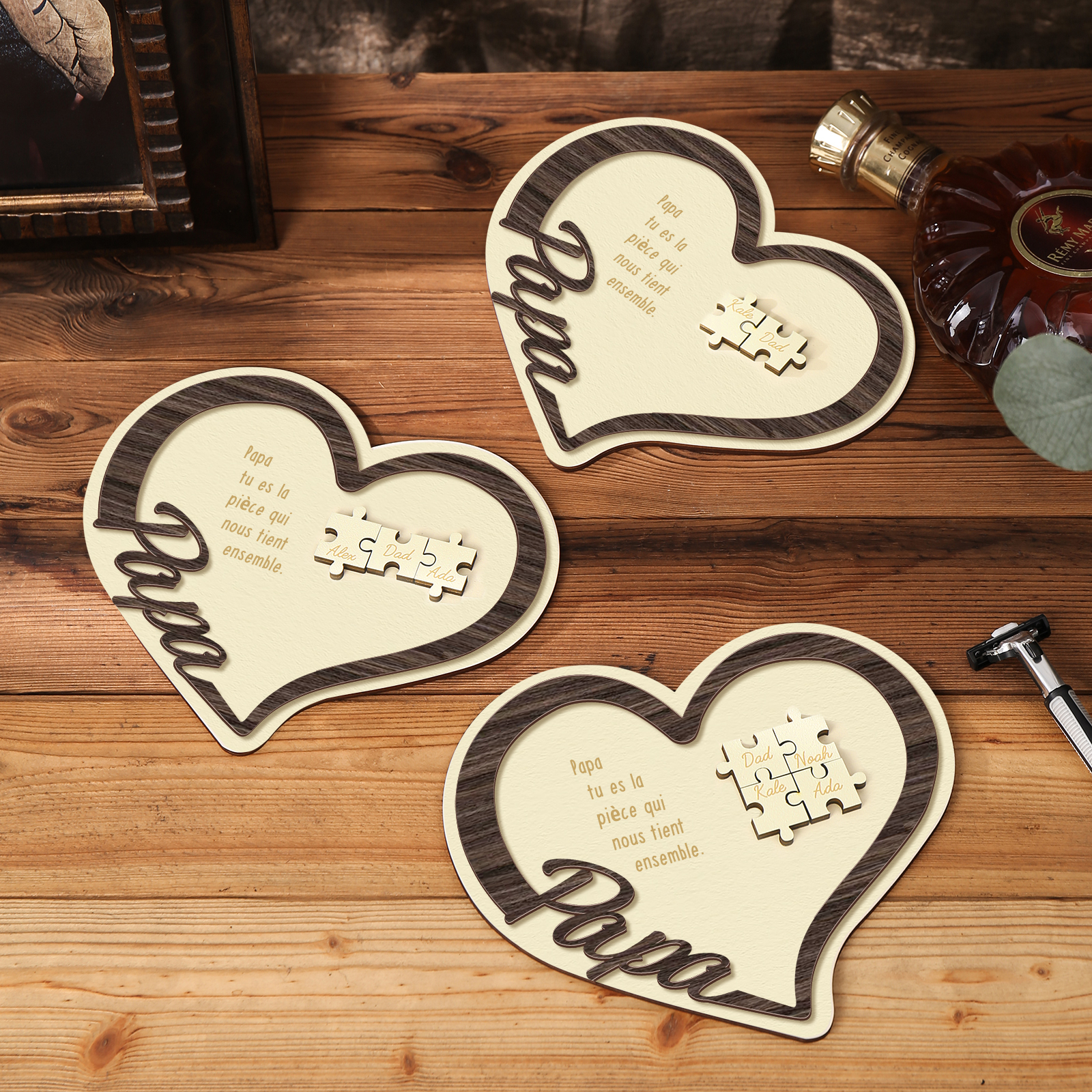 À mon Papa - Décoration en bois Cœur Puzzle 4 Prénoms Personnalisés Ornement pour Famille
