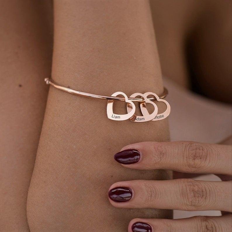 Bracelet Personnalisé 5 Prénoms Avec Pendentifs Coeur Bracelet Coeur|Jessemade