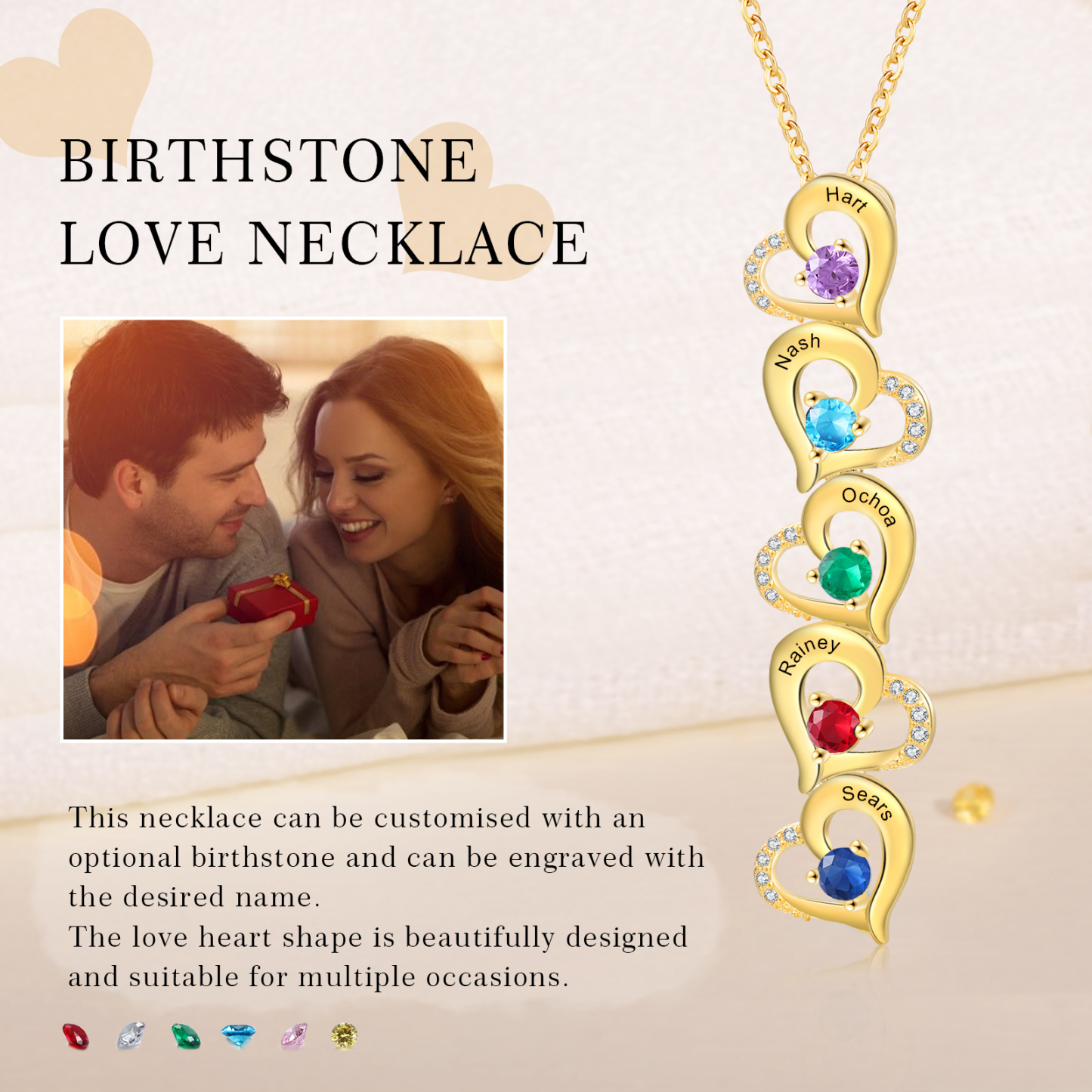 Collier Pendentif Cœur 5 Prénoms Personnalisés avec Pierre de naissance pour Femmes