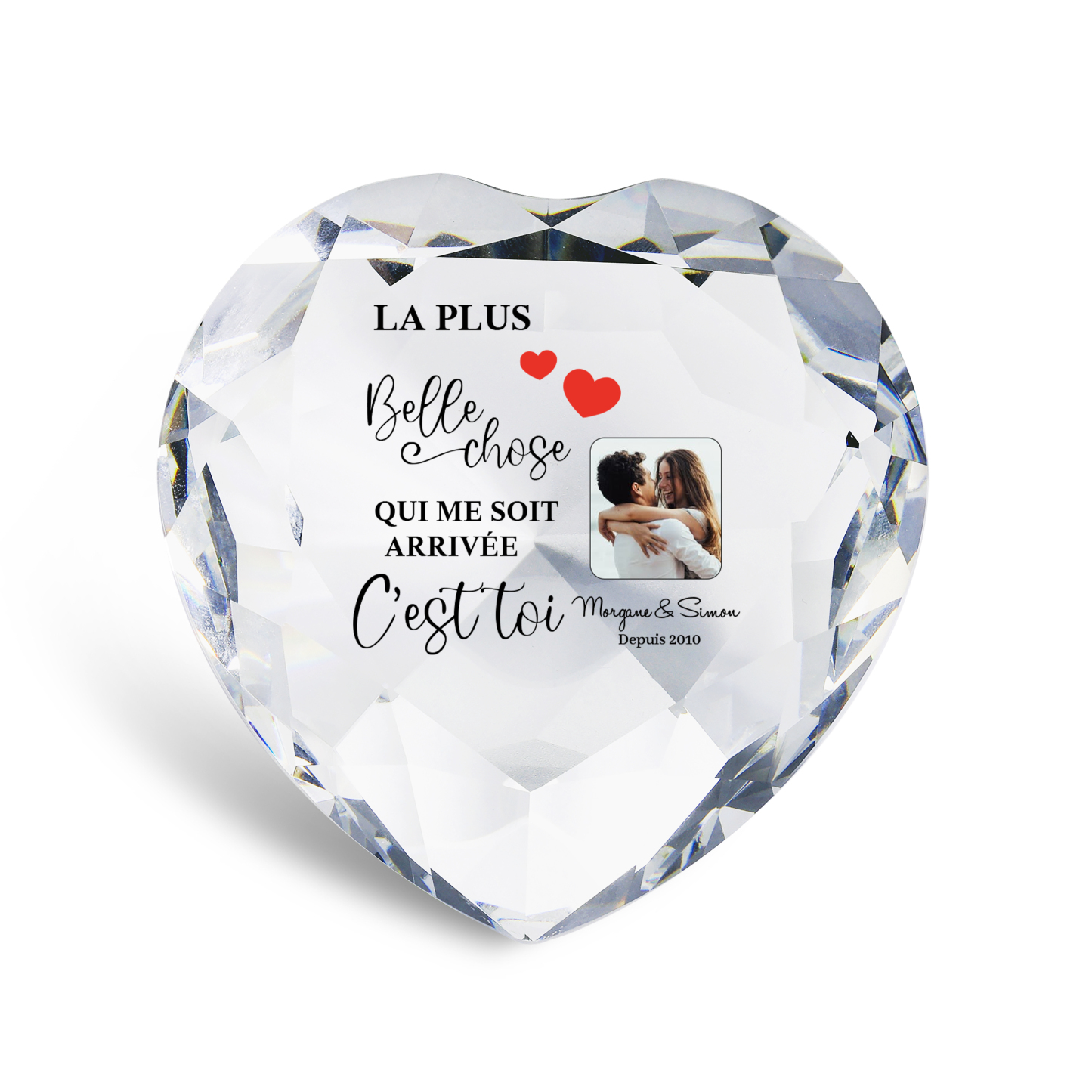 Décoration Cristal Cœur 2 Prénoms et 1 Photo Personnalisés avec Date pour Couple