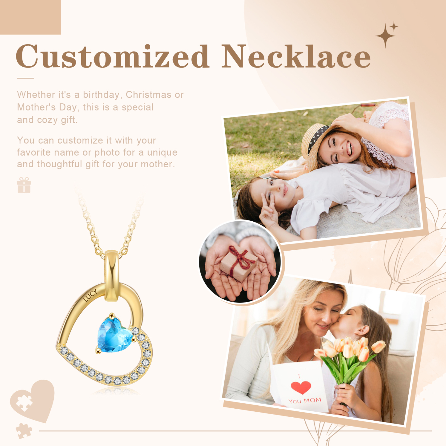 Collier Coeur Pendentif 1 Prénom Personnalisé avec Pierre de naissance｜Jessemade